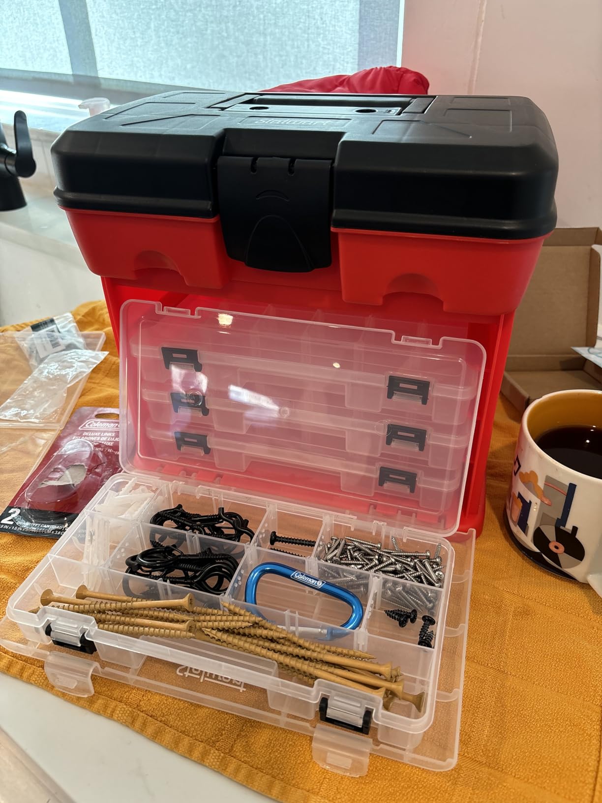 Portable Tool Storage Box - Small Parts Organizer with 4 Multi-Compartment Trays for Fishing Tackle, Hand Tools, or Craft Supplies by Stalwart (Red) customer photo 1