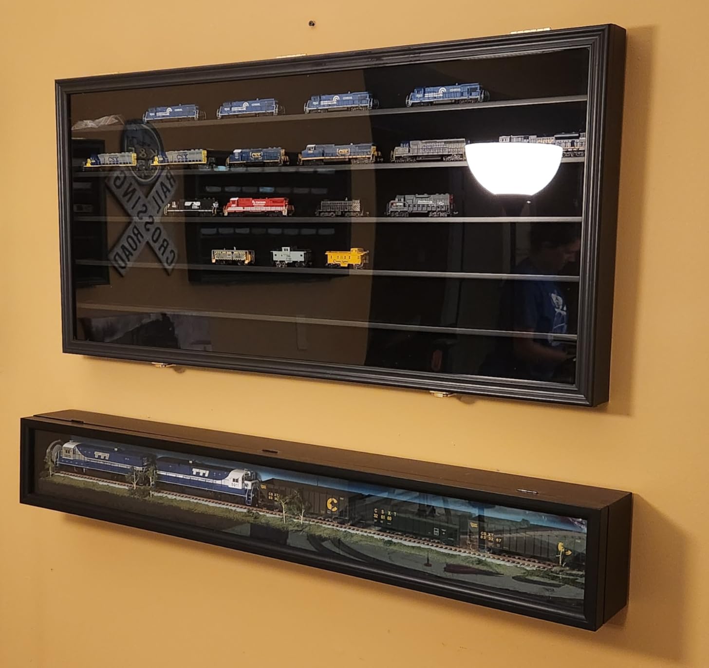 HO Scale Model Train Display Case Rack Wall Cabinet Wall Shelves Compatible with Hot Small Car Wheels 1:64 and 1:43 Scale Toy Cars w/98% UV Protection- Lockable (Black Finish) customer photo 2