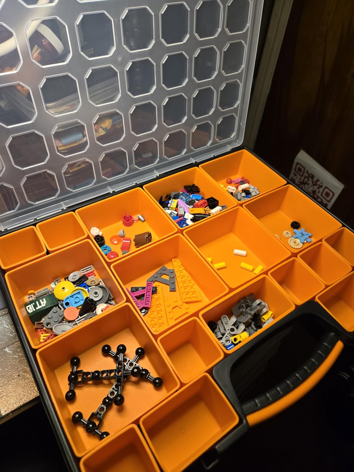 Amazon Basics 19-Removable Compartment Small Parts Organizer, Portable Hardware Storage Box with Customizable Compartments, Black, Orange, 16.5 x 13.2 x 2.4 inches customer photo 1