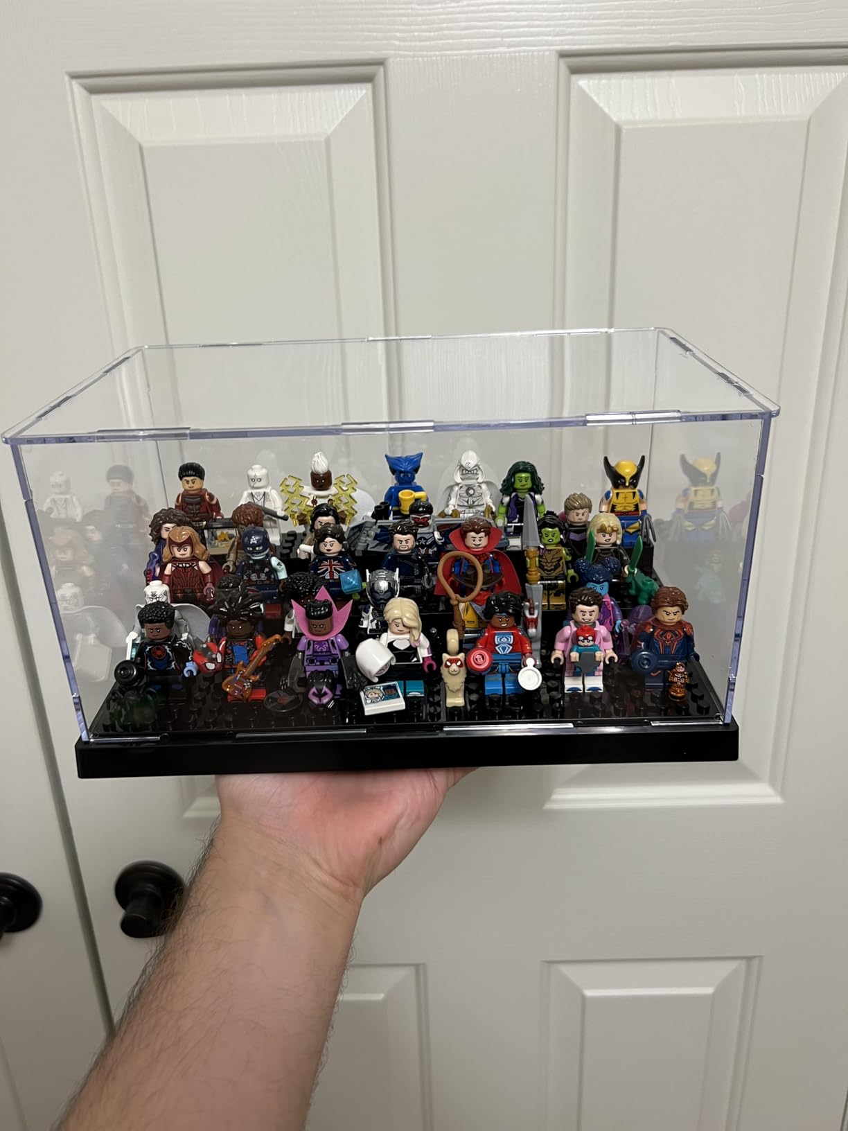Mlikero 2 Pack Minifigure Display Case for Action Figures Blocks, Clear Dustproof Acrylic Display Box Storage with 3 Movable Steps Gifts for Children,Black customer photo 2
