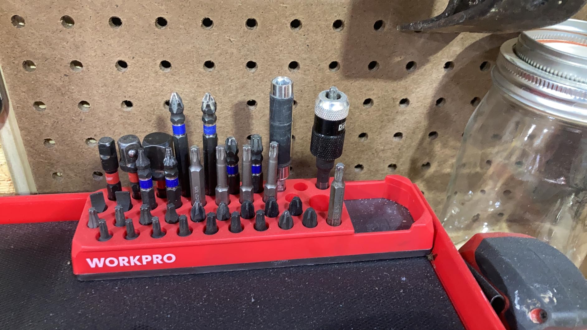 WORKPRO Magnetic Hex Bit Organizer, 39 Hole Screwdriver Drill Bit Holder Tray with Strong Magnetic Base, Accessories Storage Grid, for 1/4 Inch Hex Bit & Drive Bit Adapter, Red (Bits Not Included) customer photo 2