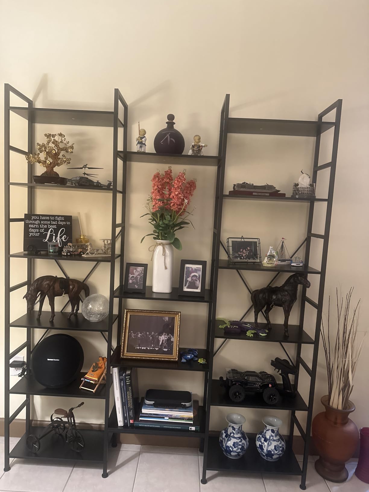 SUPERJARE Triple Bookshelf, Bookcase with 11 Open Display Shelves, Wide Book Shelf for Home & Office, 4 Tier, Brown customer photo 2
