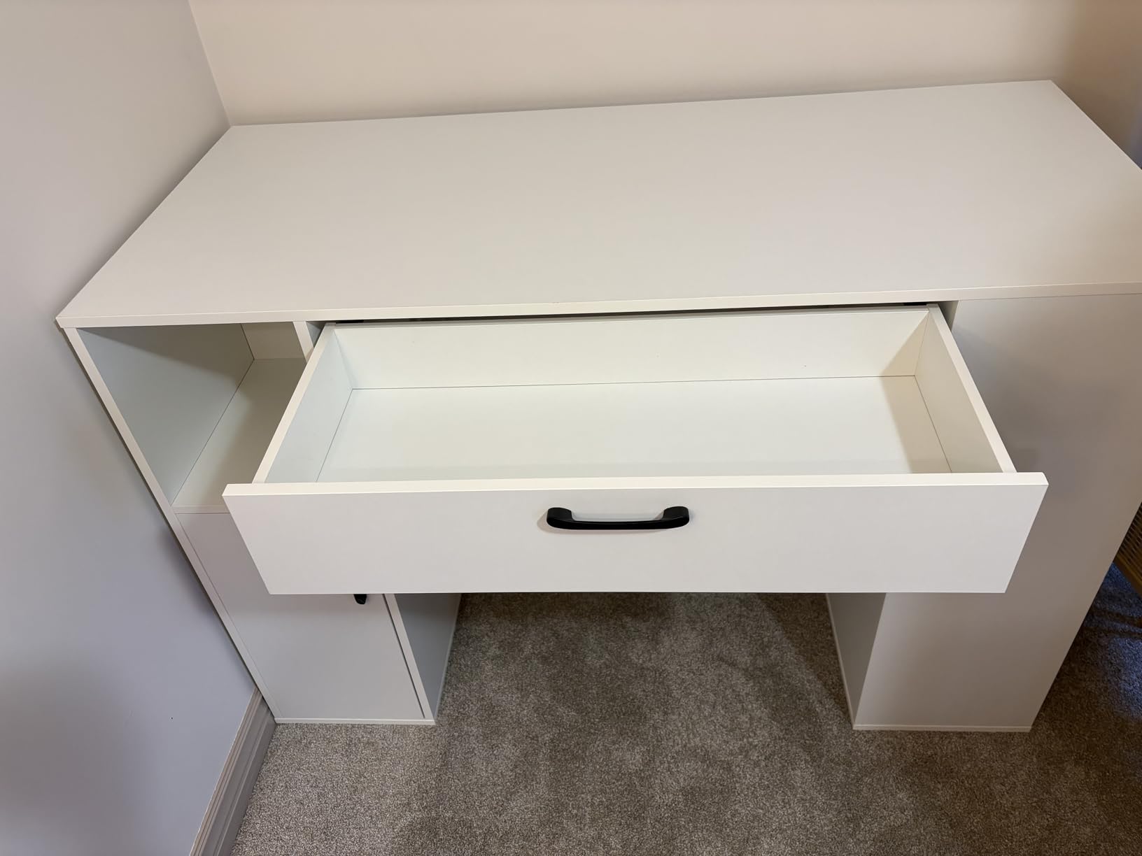 Giantex Craft Table with Storage, 53'' Artwork Sewing Table with 14 Cube Storage Shelves, Large Drawer, Cabinet with 2 Shelves, 36'' Counter Height Sewing Workstation White Drafting Writing Desk customer photo 1