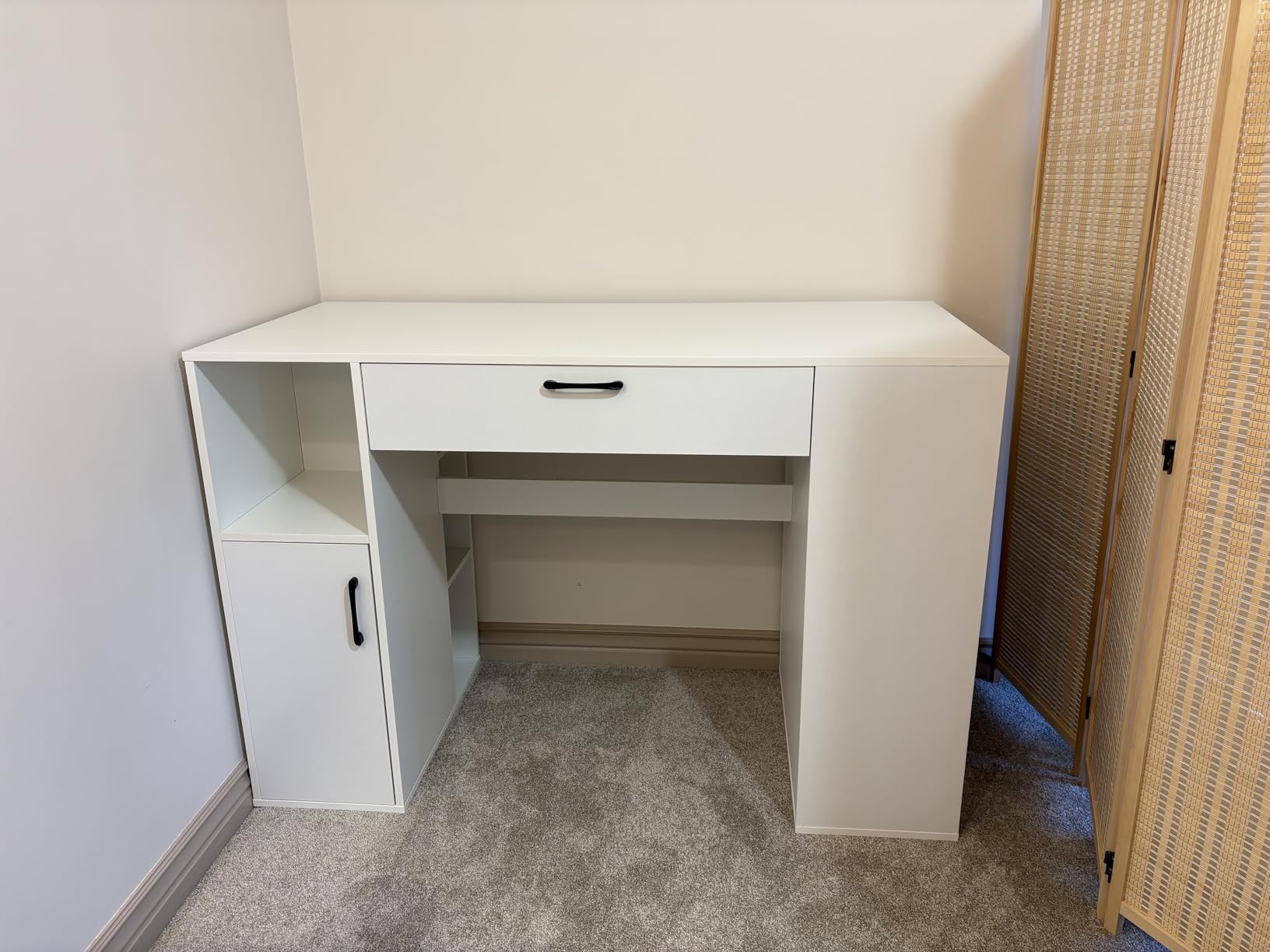 Giantex Craft Table with Storage, 53'' Artwork Sewing Table with 14 Cube Storage Shelves, Large Drawer, Cabinet with 2 Shelves, 36'' Counter Height Sewing Workstation White Drafting Writing Desk customer photo 2