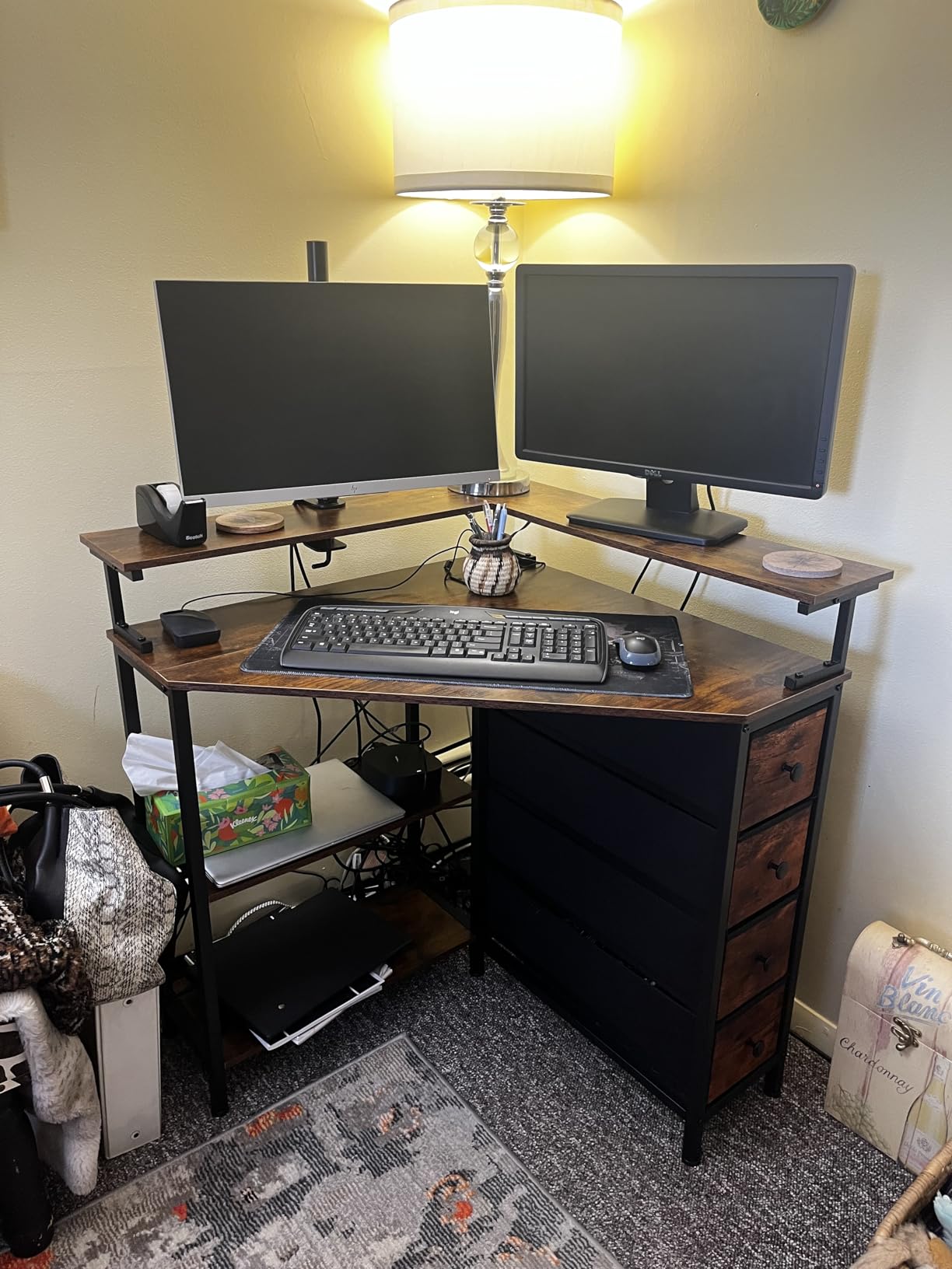 Corner Desk with Drawers Shelves for Small Space 90 Degrees Triangle Computer Desk with Power Outlets, Gaming Desk with LED Lights Monitor Stand for Home Office Workstation Writing Table (Brown) customer photo 1