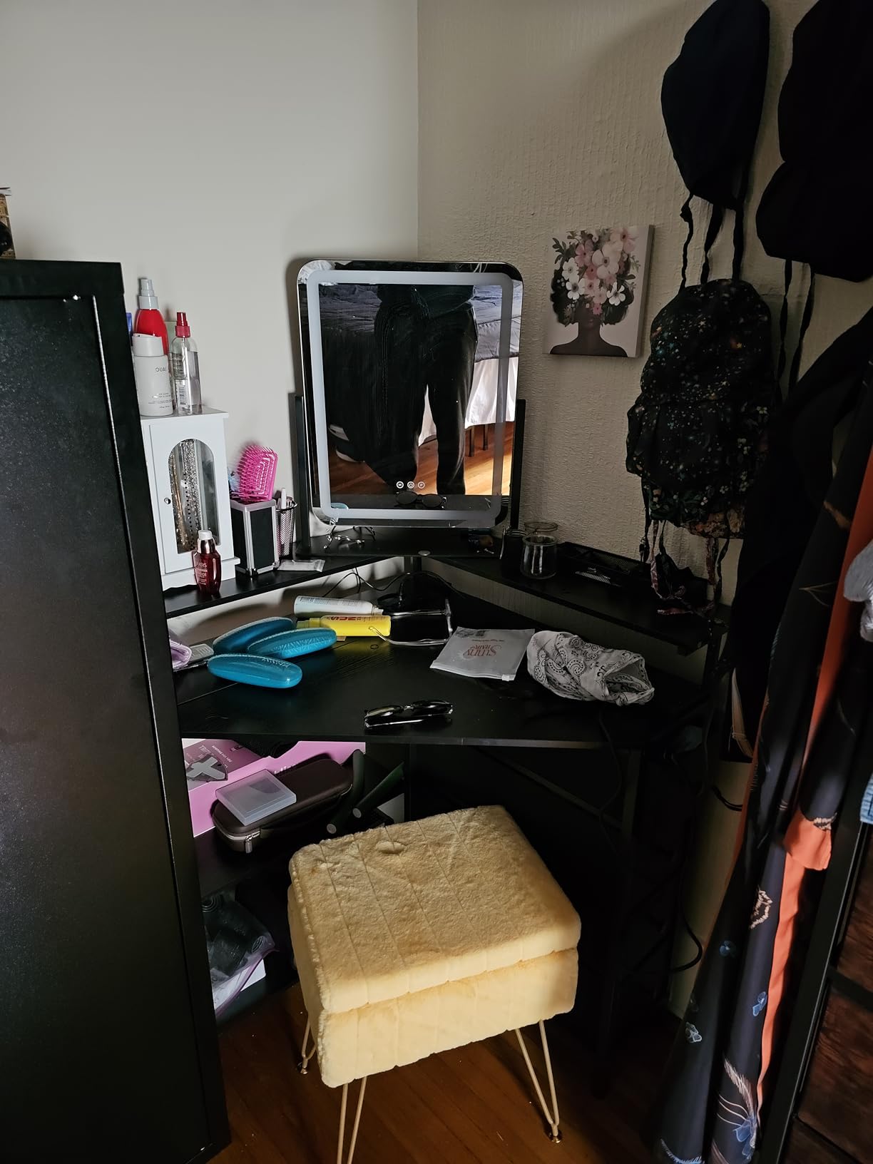 Corner Desk with Drawers Shelves for Small Space 90 Degrees Triangle Computer Desk with Power Outlets, Gaming Desk with LED Lights Monitor Stand for Home Office Workstation Writing Table (Brown) customer photo 2