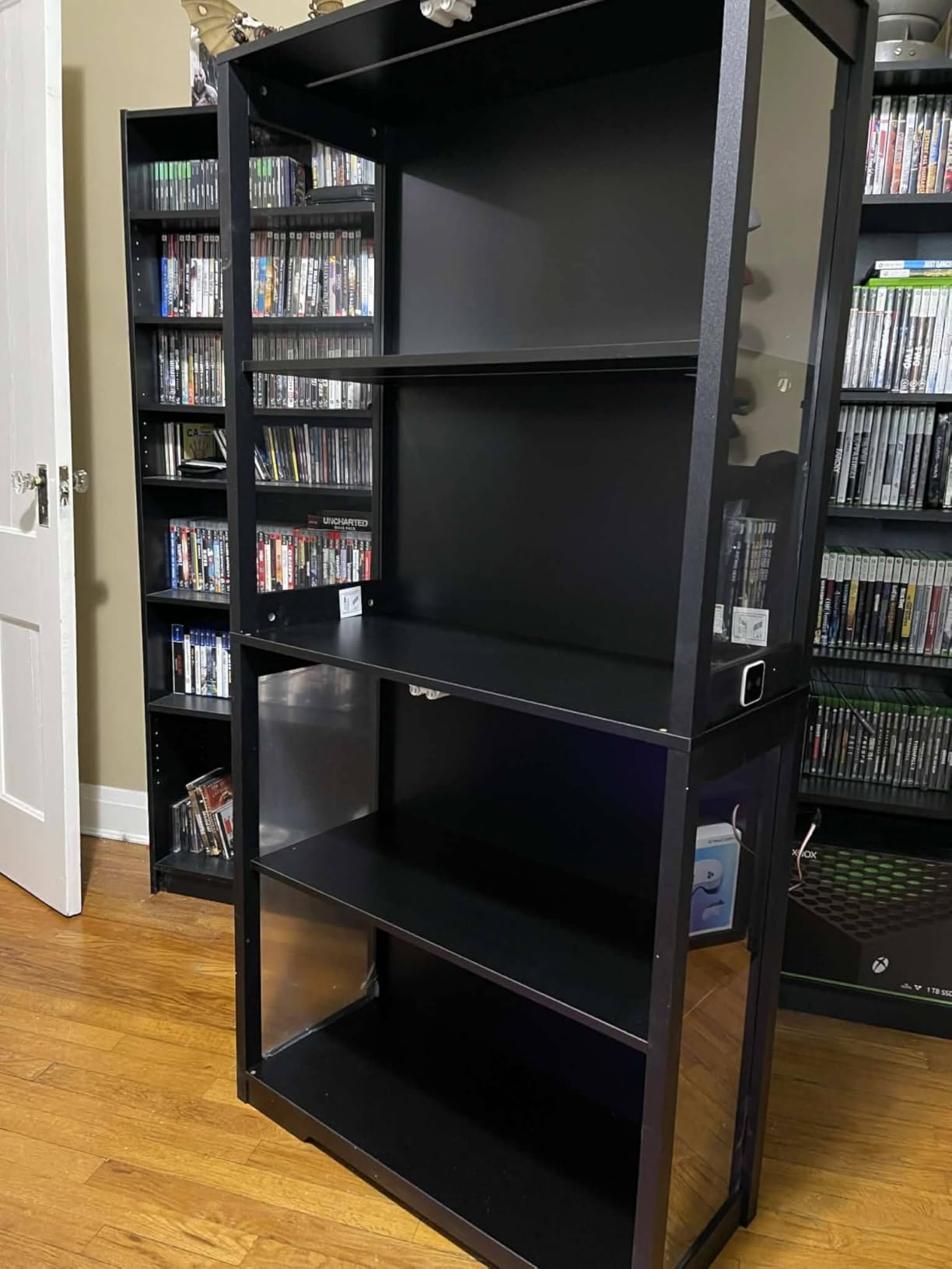 BROTTAR Display Cabinet with Glass Doors, 4-Tier Curio Cabinet with 3 Color Lights for Collectibles, Glass Display Case with Human Body Sensor, Bookcase with 4 Shelves, Storage Cabinets, Black customer photo 2