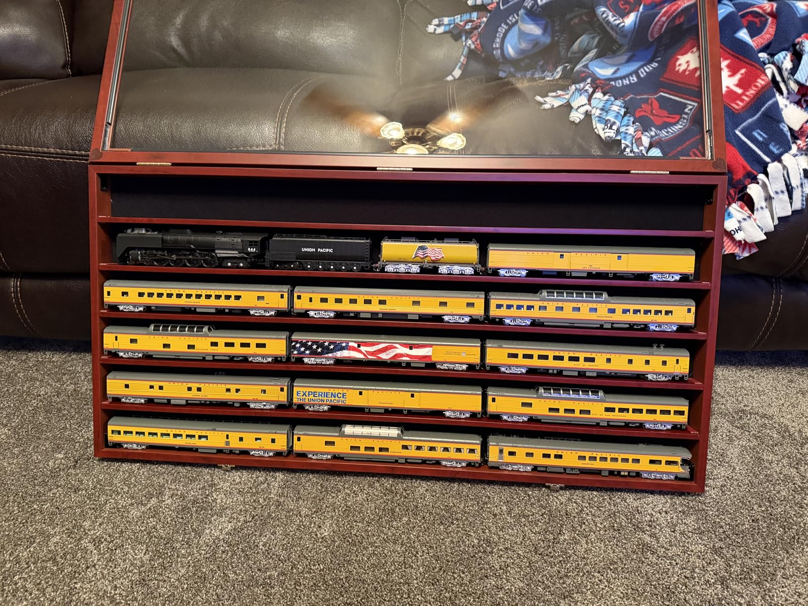 HO Scale Trains Display Case Wall Cabinet Shelves Compatible with Hot Toy Car Wheels 1:64 and 1:43 Scale or N Scale Trains UV Protection Lockable (Mahogany Finish) customer photo 1