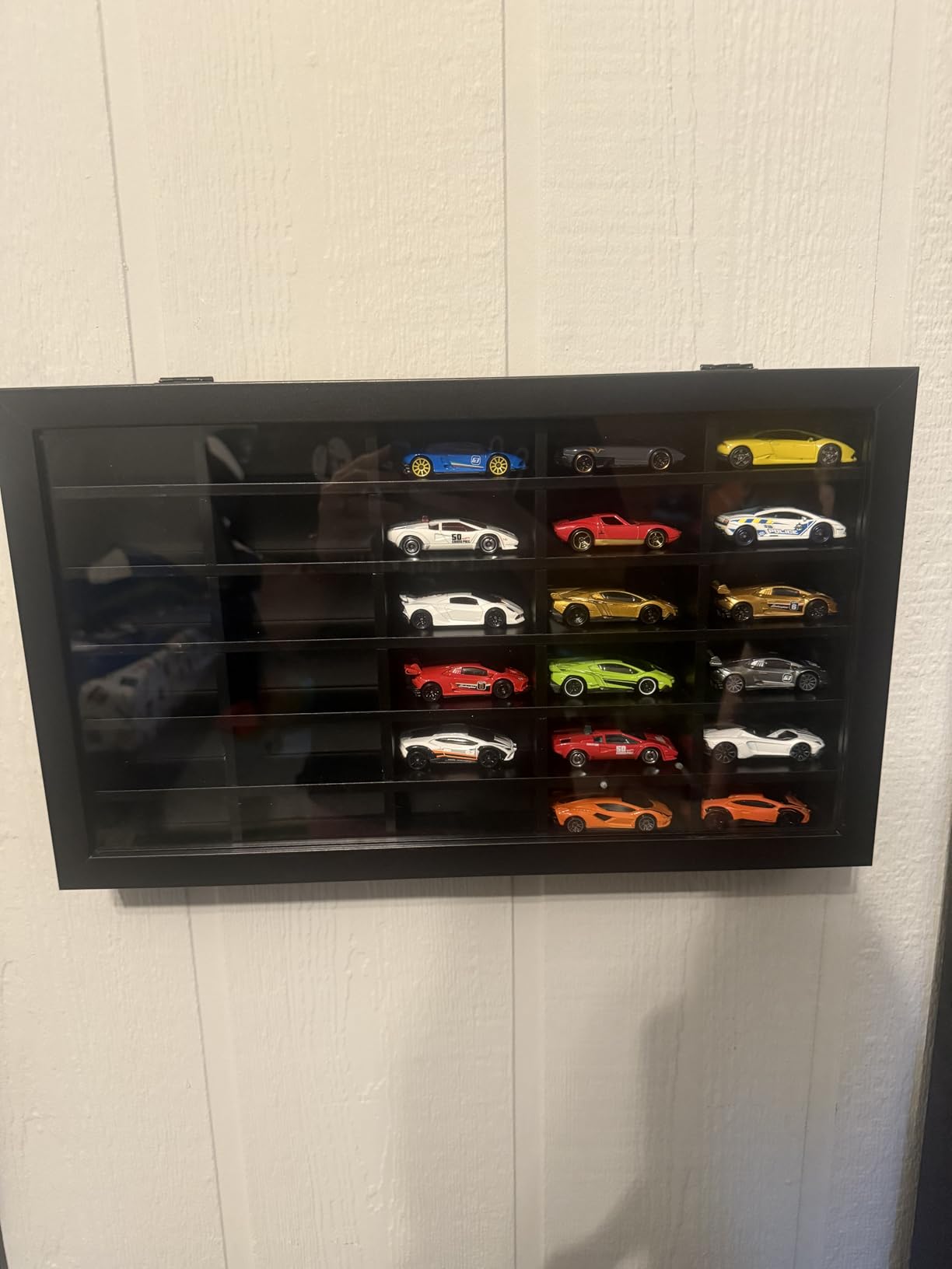 Americanflat 11x18 Toy Car Display Case - Holds up to 30 Cars - Model Car Displays with Removable Shelves and Shatter-Resistant Glass - Wall Mounted Display Cases for Collectibles - Black customer photo 2