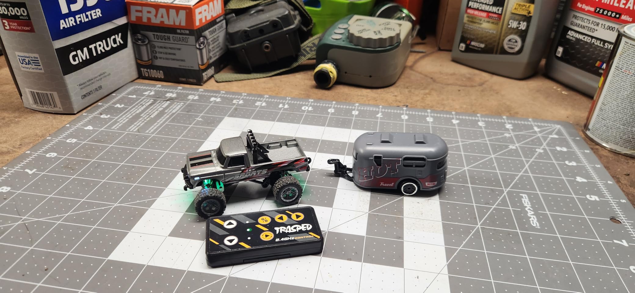 Mini RC Car, 1/64 Scale Mini Remote Control Monster Truck with Trailer, 2.4Ghz & APP Remote Control, Rechargeable Alloy Shell Mini RC Cars with Lights, Speed/Steering Adjustable (Green) customer photo 1
