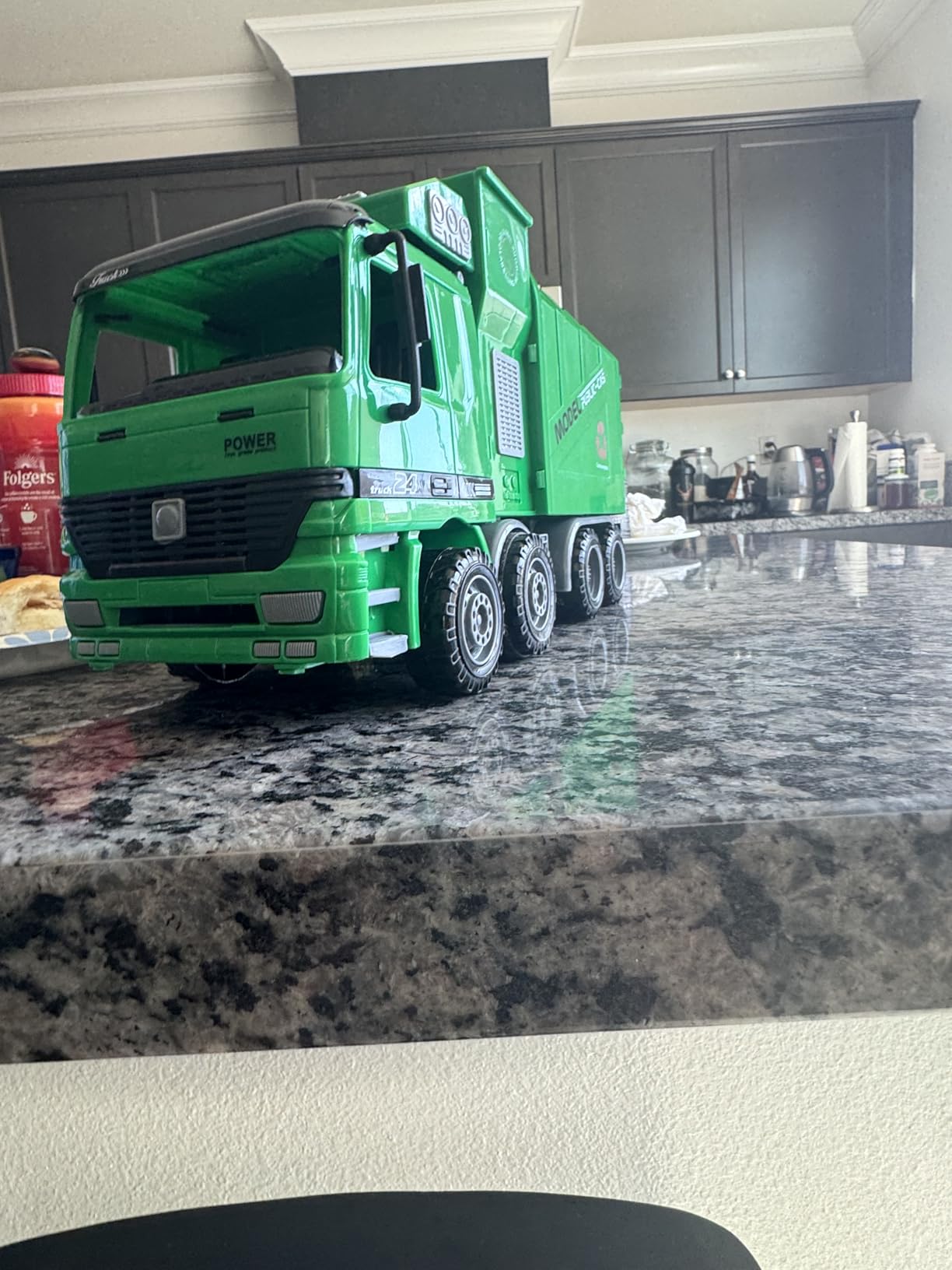 HOLYFUN 12'' Electric Garbage Truck Set with Front Loader/Metal Cab, Friction-Powered Recycling Vehicle with Dumpster, 4 Trash Bins & Sorting Cards, Trash Truck Toy with Lights/Sounds for Kids customer photo 2