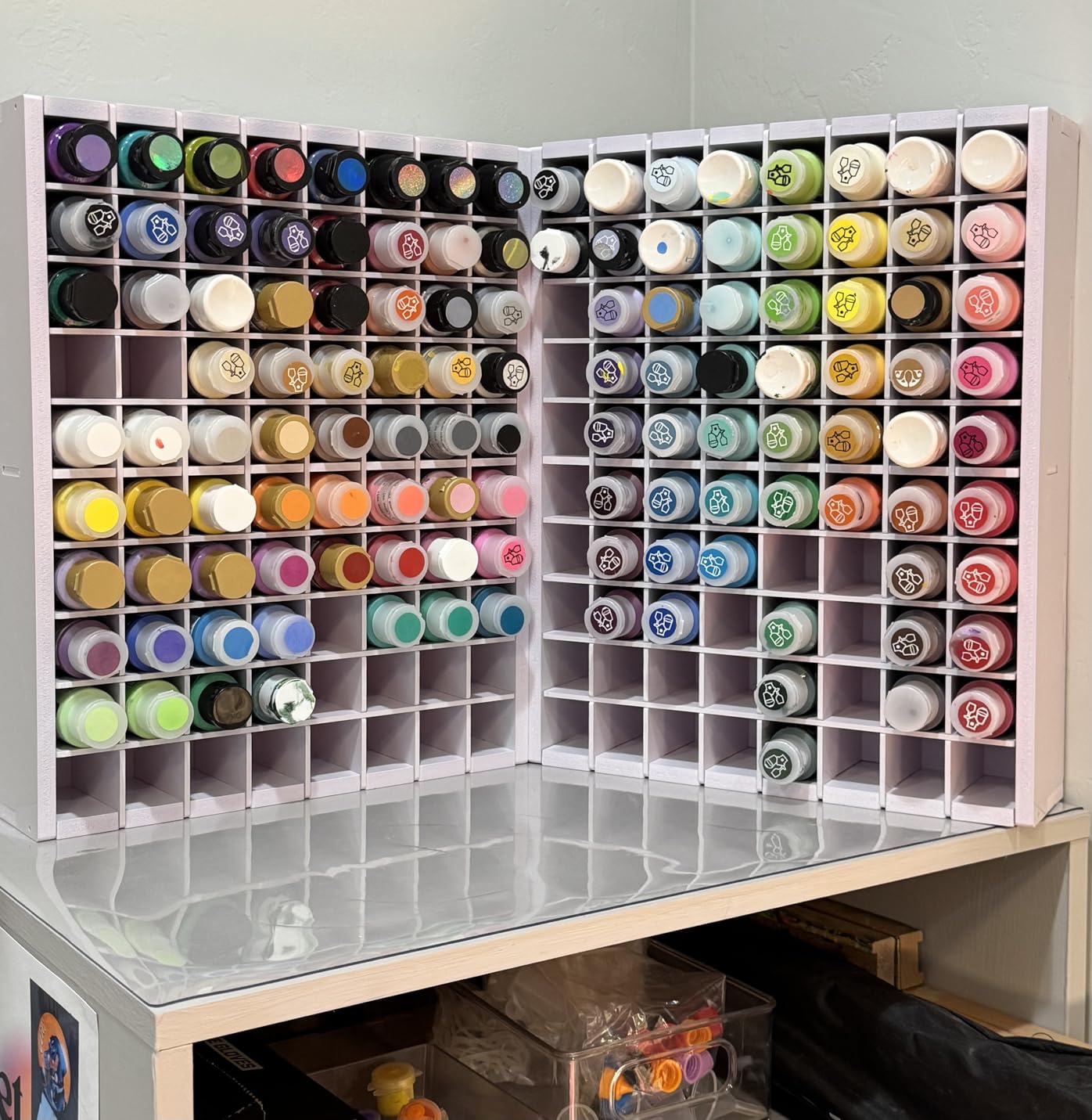 Krafetto 80 Grids Paint Organizer Storage Rack, Wall-mountable Craft Paints Holder, Paint Bottle Organizer Rack Stand for 2 oz Acrylic Craft Paints customer photo 2