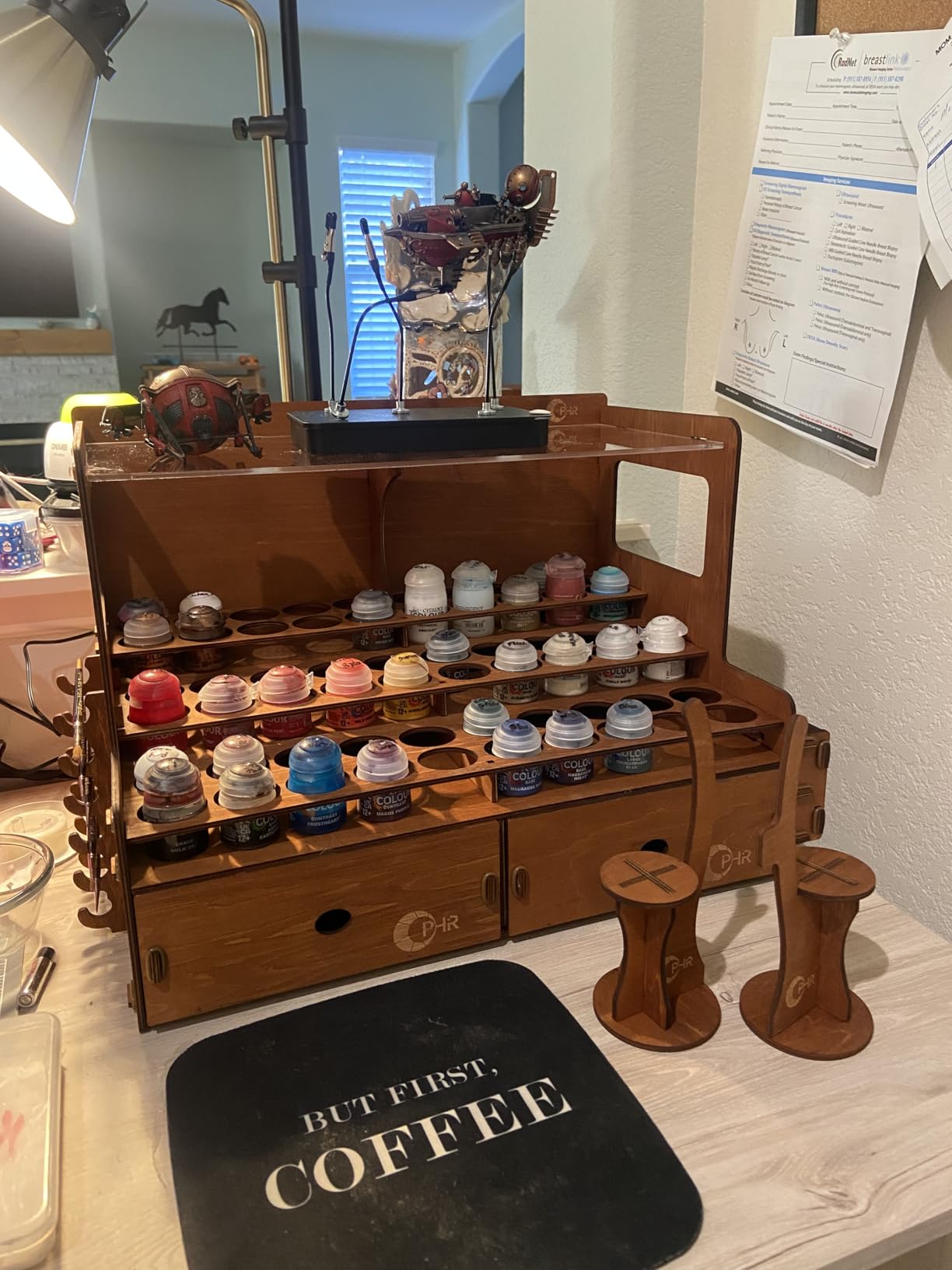 OPHIR Paint Rack for 60 Bottles and 32 Brushes, Wooden Acrylic Paint Organizer with 2 Brush Holder, 2 Miniature Painting Handles, 2 Drawers for Model Paints Bottle Organizer, Holes Dia.1.42 Inches customer photo 1