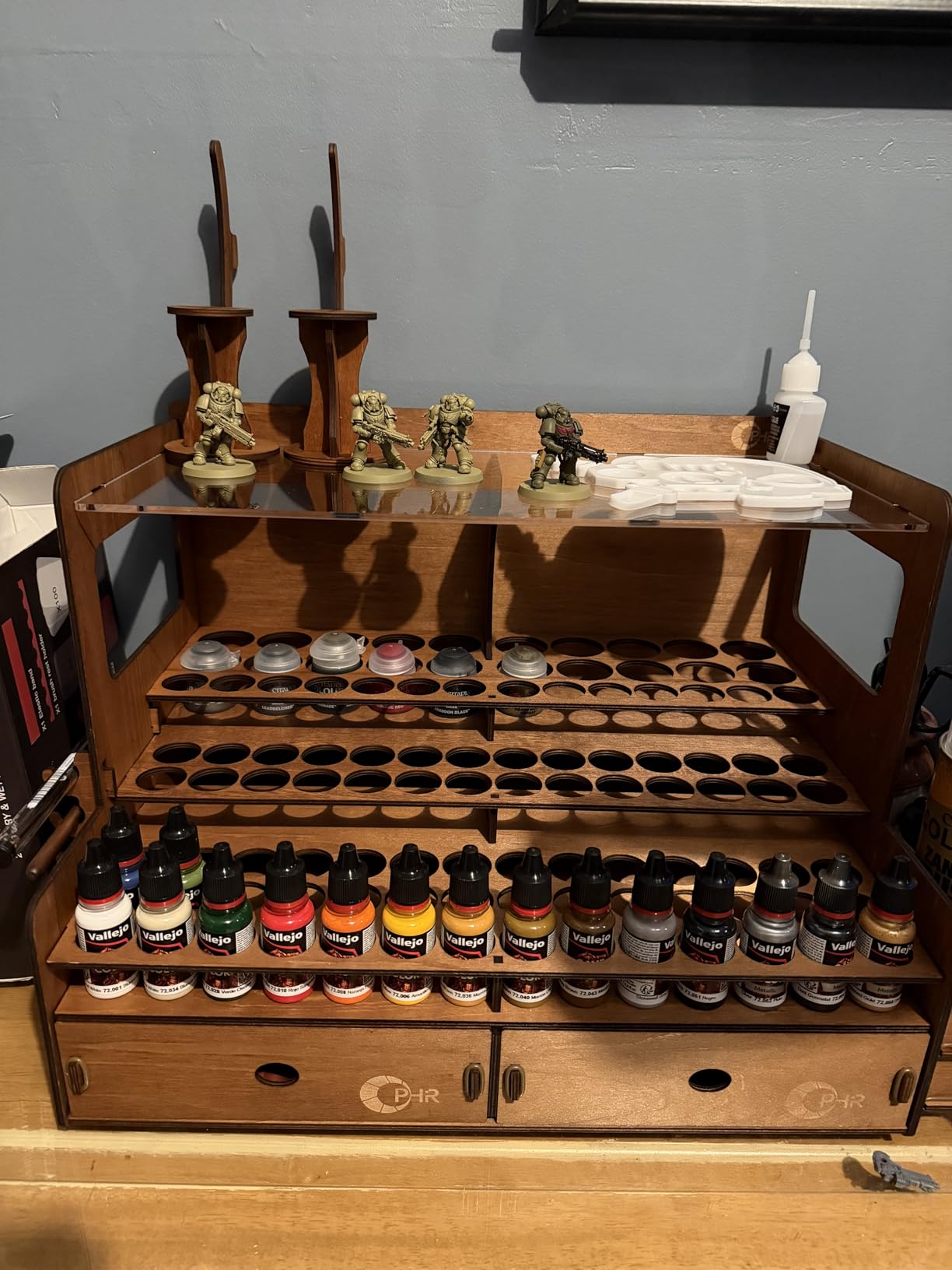 OPHIR Paint Rack for 60 Bottles and 32 Brushes, Wooden Acrylic Paint Organizer with 2 Brush Holder, 2 Miniature Painting Handles, 2 Drawers for Model Paints Bottle Organizer, Holes Dia.1.42 Inches customer photo 2