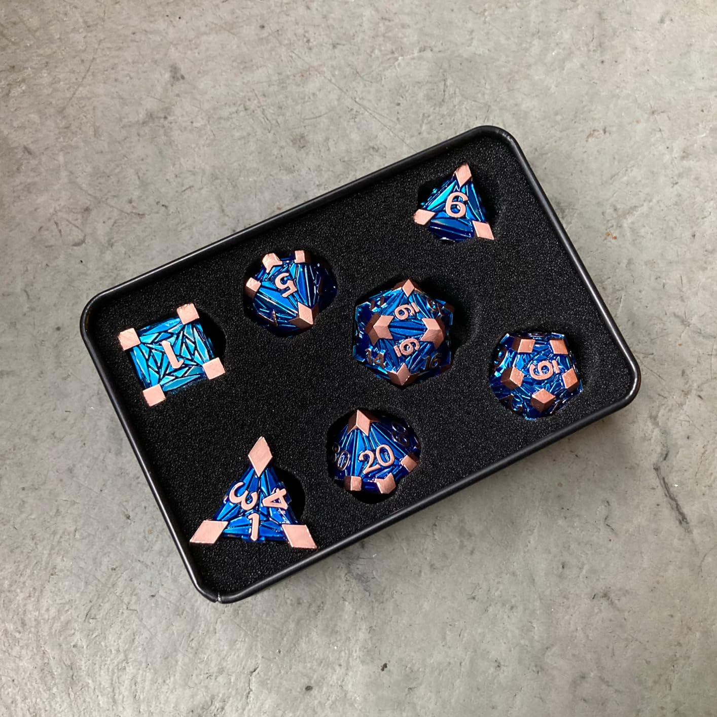 7PCS Metal DND Dice Set with Box, Debris RPG Black Blue D and D Dice for use with D&D Tabletop Games Role Playing Game Polyhedral Dice Set D20 D12 D10 D8 D6 D4 customer photo 2