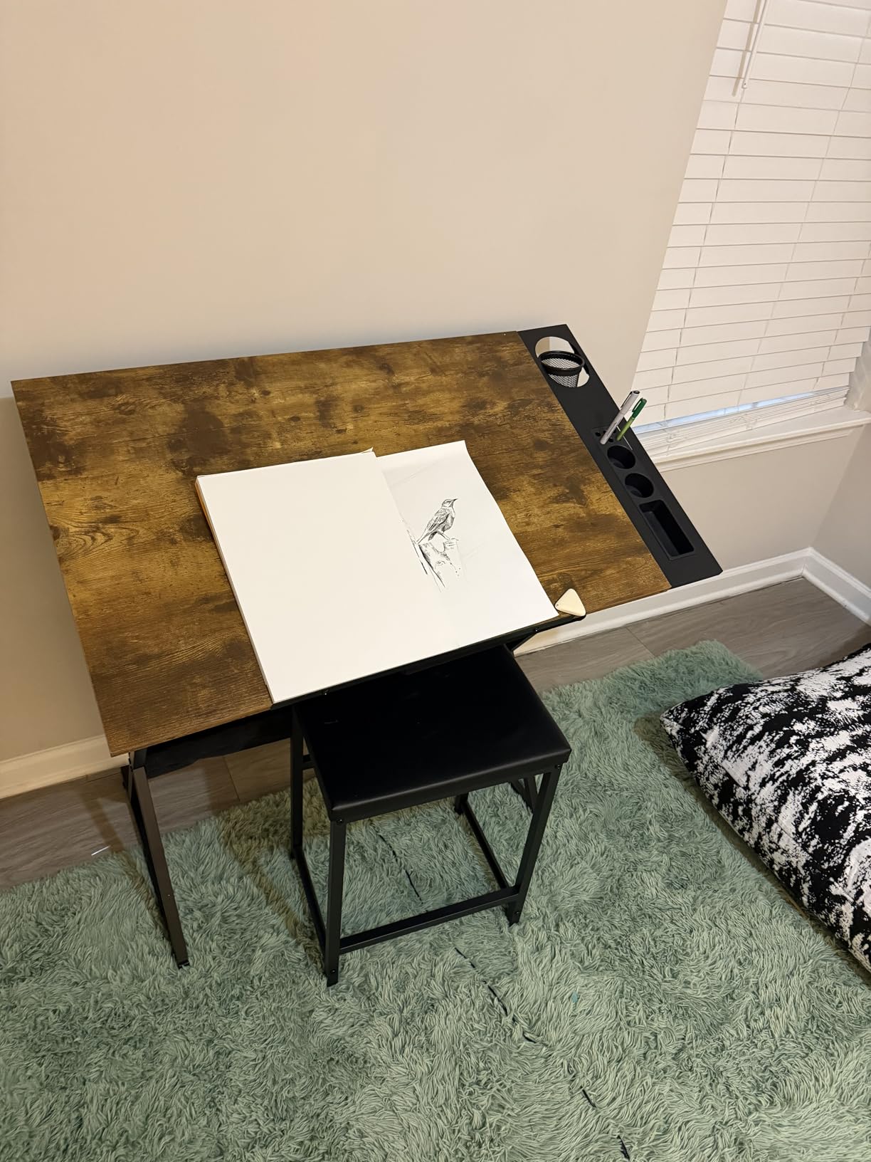 VECELO Drafting Table Art Desk with Adjustable Tilted Tabletop, 2 Storage Drawers and Stool customer photo 2