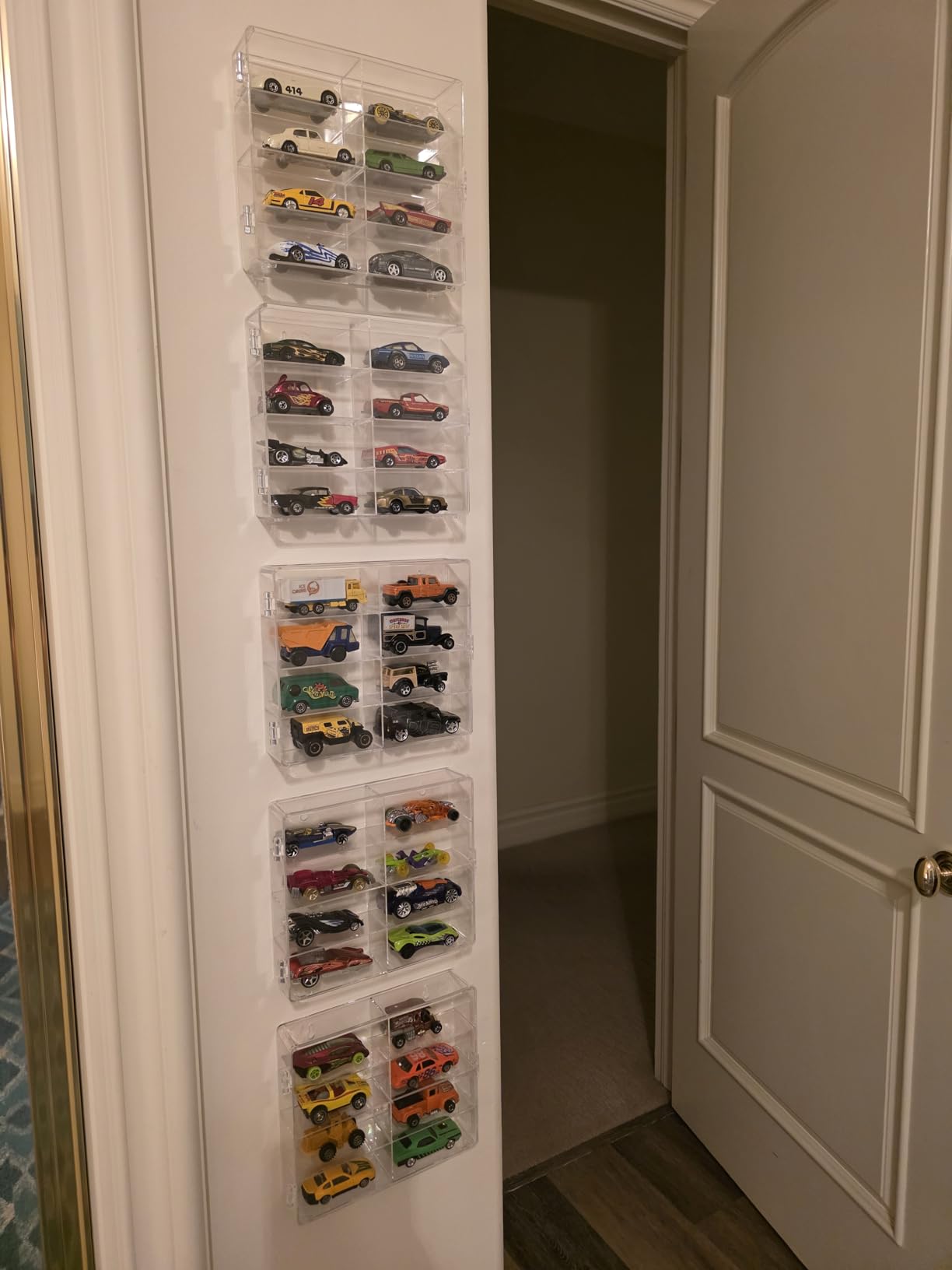 CHONOVO Clear 1/64 Toy Car Display Case for Matchbox Hot Wheels Car, 4 Pack - Crystal-Clear, Hold 32 Cars, Dust-proof Cover, Stackable/Wall Mount, Stable Adhesive, Secure Door, Smooth Hinge customer photo 2