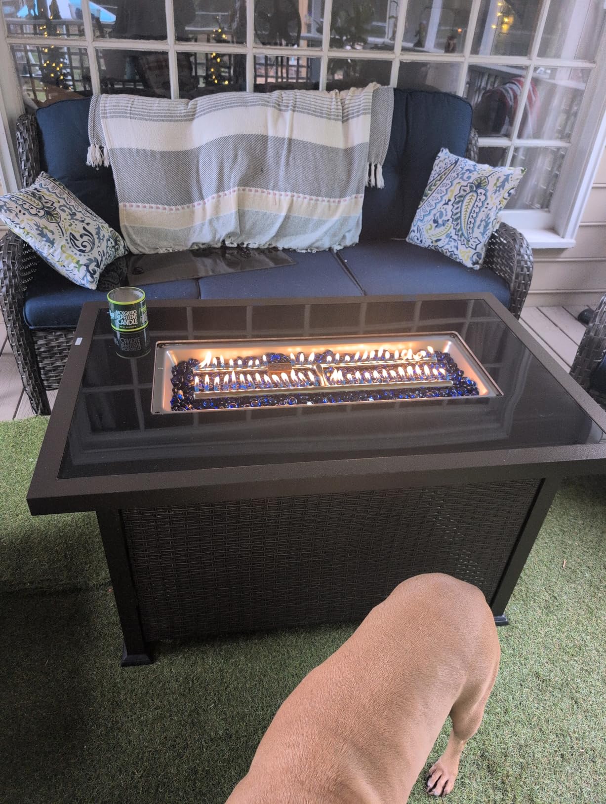 U-MAX 44in Outdoor Propane Gas Fire Pit Table, 50,000 BTU Auto-Ignition Gas Firepit with Glass Wind Guard, Black Tempered Glass Tabletop & Blue Glass Rock, Brown PE Rattan, CSA Certification customer photo 1
