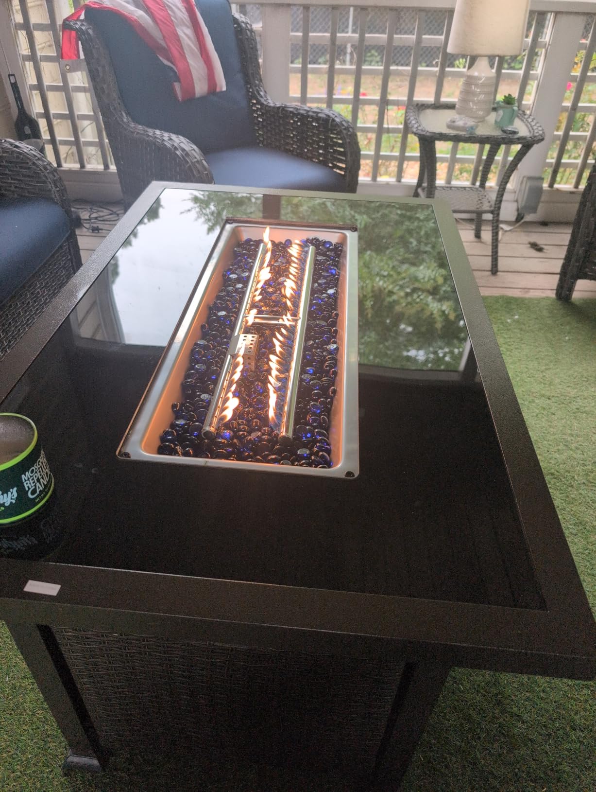 U-MAX 44in Outdoor Propane Gas Fire Pit Table, 50,000 BTU Auto-Ignition Gas Firepit with Glass Wind Guard, Black Tempered Glass Tabletop & Blue Glass Rock, Brown PE Rattan, CSA Certification customer photo 2