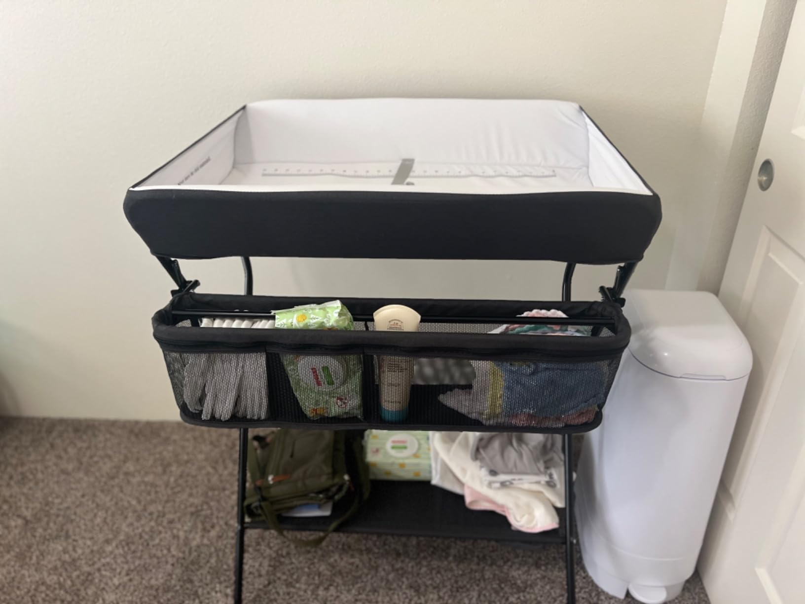 INFANS Baby Changing Table, Folding Diaper Station Portable Nursery Organizer with Safety Belt and Large Storage Racks for Newborn Baby and Infant (Black) customer photo 2