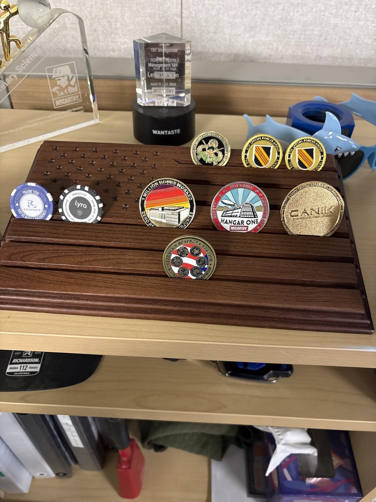 TESLYAR 6 Rows Military Challenge Coins Display Stand - Wooden Holder for 30-36 Coins - Solid Wood Display Rack for Desk - Army Collectible Challenge Coin Display Case - American Flag Design (Brown) customer photo 1