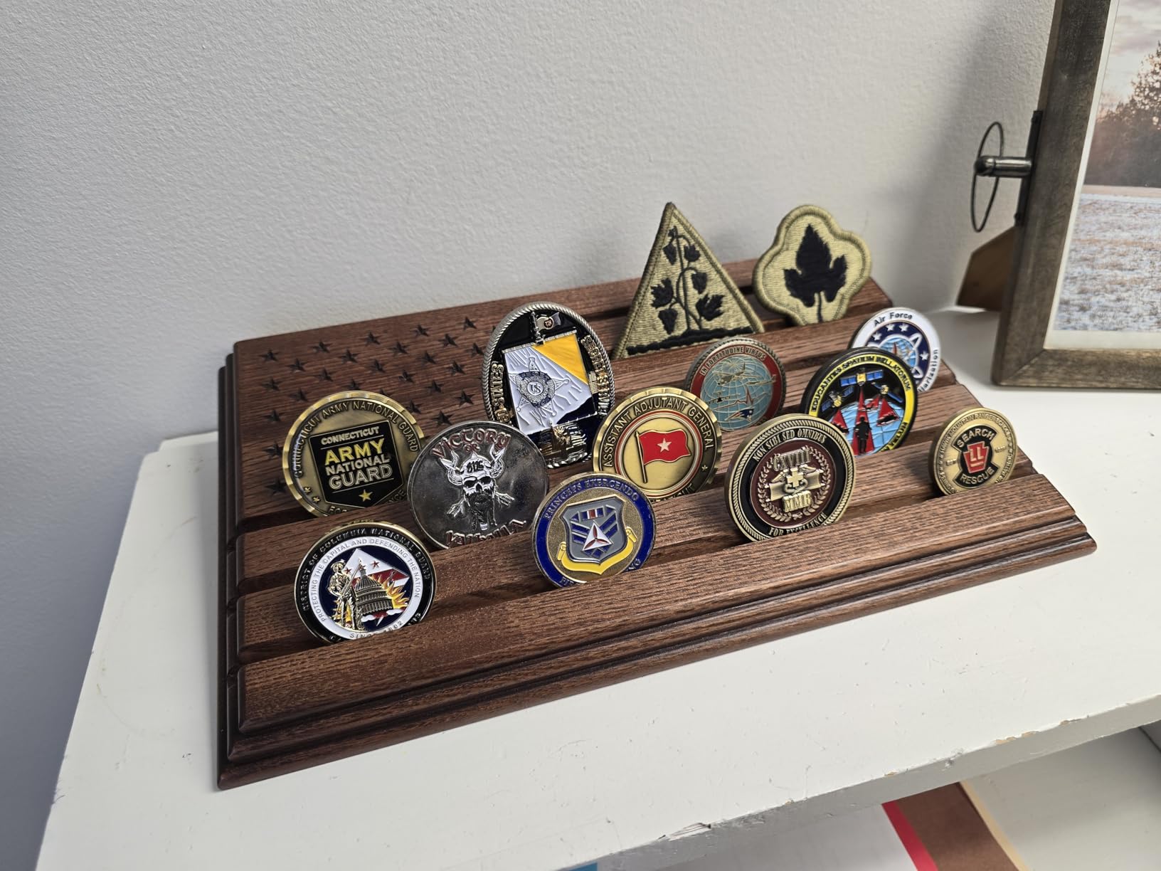 TESLYAR 6 Rows Military Challenge Coins Display Stand - Wooden Holder for 30-36 Coins - Solid Wood Display Rack for Desk - Army Collectible Challenge Coin Display Case - American Flag Design (Brown) customer photo 2