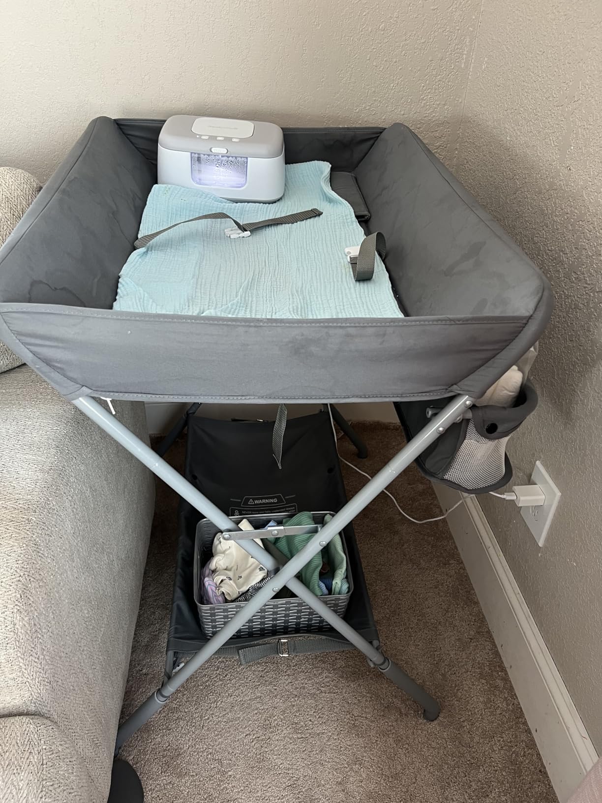 EGREE Baby Changing Table Portable Folding Diaper Changing Station with Wheels, Adjustable Height Mobile Nursery Organizer with Safety Belt and Large Storage Racks for Newborn Baby and Infant, Gray customer photo 1