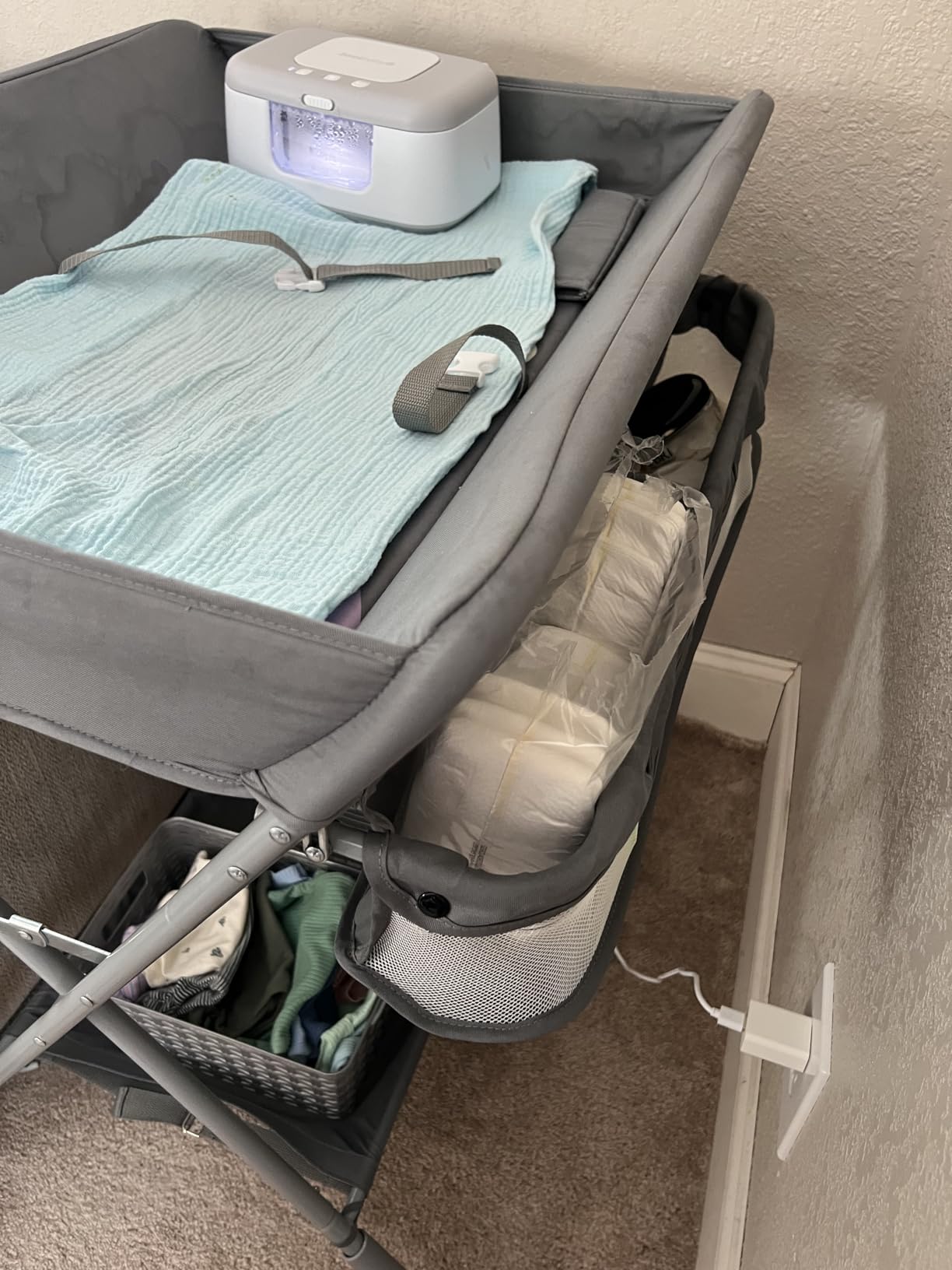 EGREE Baby Changing Table Portable Folding Diaper Changing Station with Wheels, Adjustable Height Mobile Nursery Organizer with Safety Belt and Large Storage Racks for Newborn Baby and Infant, Gray customer photo 2