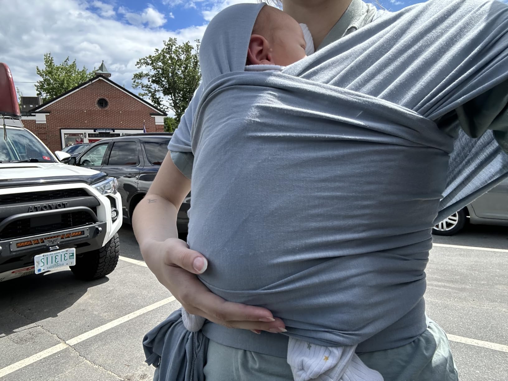 Solly Baby Wrap, Buttery-Soft Baby Carrier Newborn to Toddler 8-25 Lbs., Lightweight & Hands-Free Breathable Summer Carrier, Baby Wearing & Postpartum Essential, New Mom Gift, Natural + Grey Stripe customer photo 2