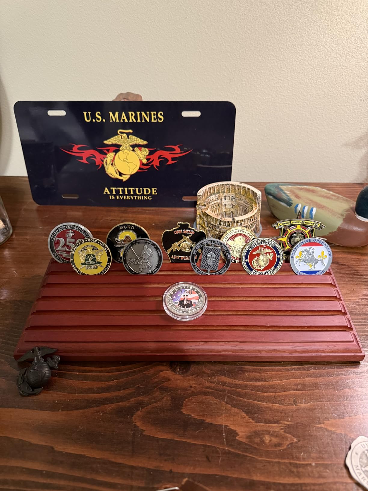 LIUYALO Challenge Coin Display Rack Holds 42 Coins, 6-Row Solid Wood Military Challenge Coin Holder with Deep Grooved Slots for Veterans & Challenge Coin Collectors (Brown) customer photo 2