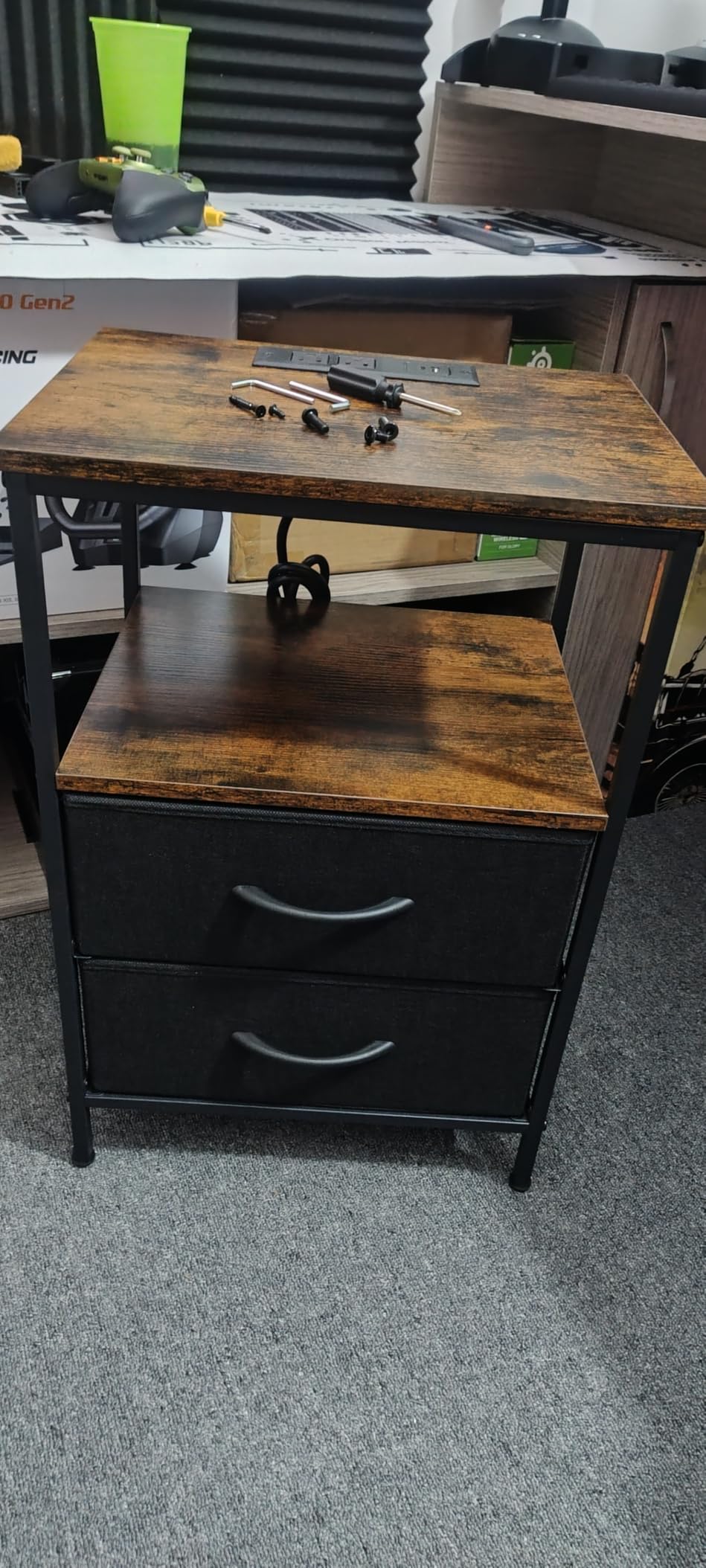 Huuger Nightstand with Charging Station, Side Table with Fabric Drawers, End Table with Open Shelf, Bedside Table with USB Ports and Outlets, Night Stand for Bedroom, Rustic Brown and Black customer photo 2