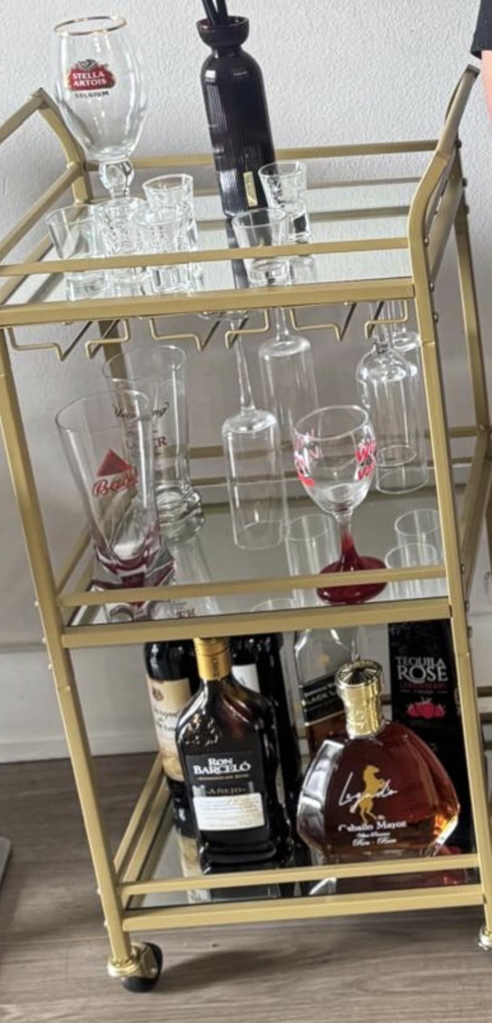 VASAGLE Bar Cart, Home Bar Serving Cart, Small Bar Serving Cart with 3-Tier Shelf, Wine Holders, Glass Holders, Mini Bar Cart for Small Spaces, Kitchen, Dining Room, Living Room, Pale Gold customer photo 1