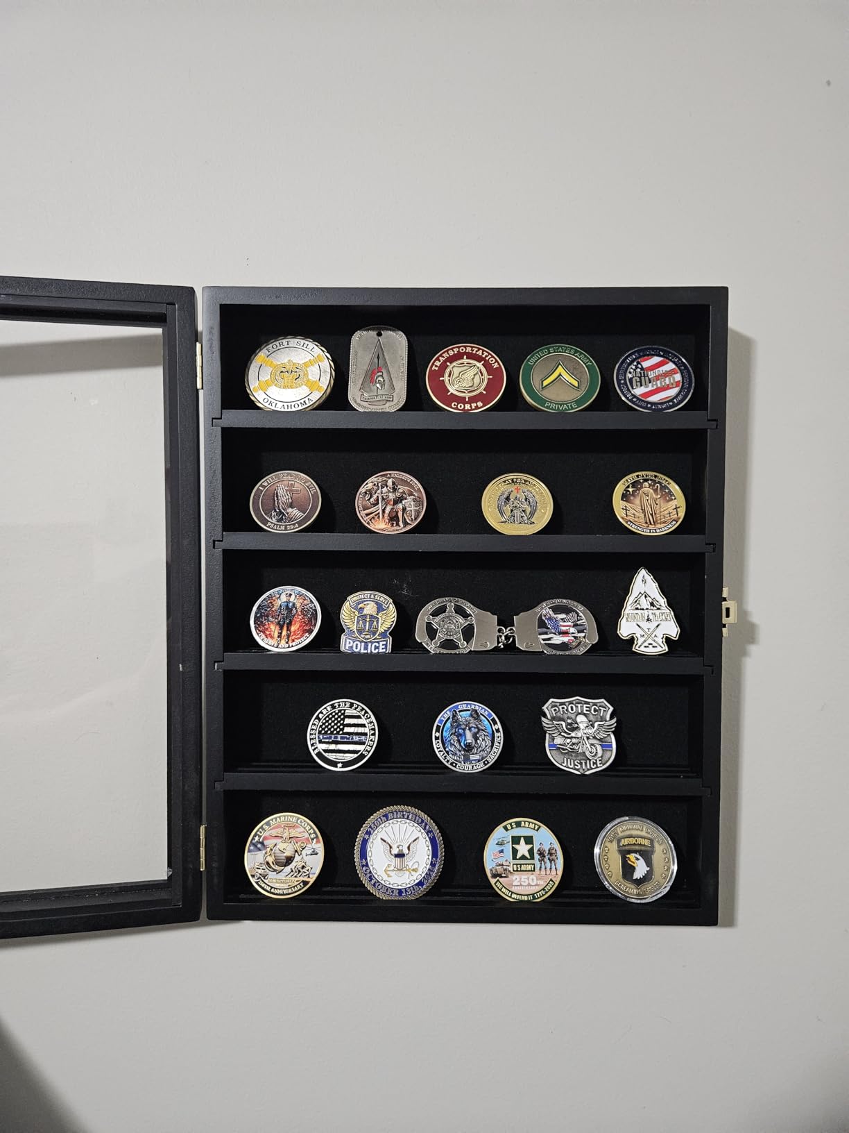 TJ.MOREE Military Challenge Coin Display Case, Coin Display Holder Wall Mount with Removable Shelves, Shadow Box for Medals Pin Badges Buttons customer photo 1