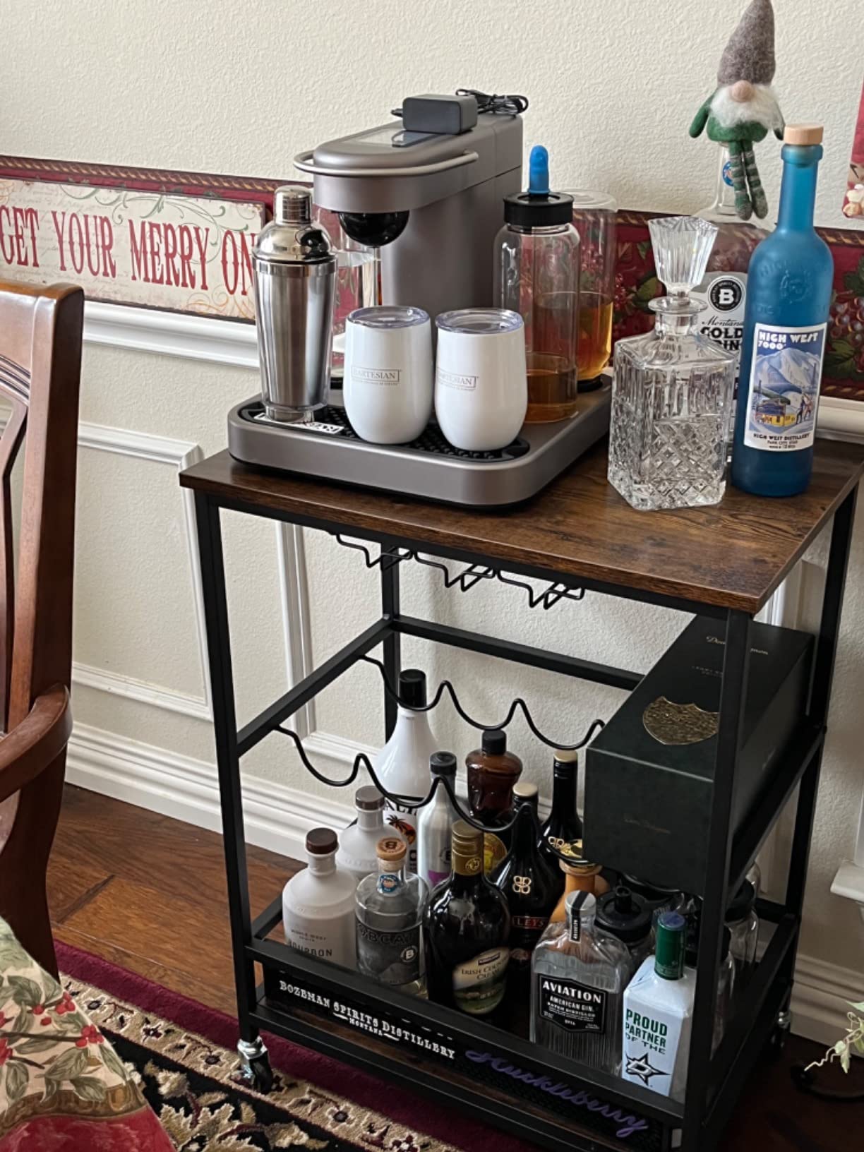 VASAGLE Bar Cart, Serving Cart with Casters, Glass Holders, Wine Holders, 15.7 x 23.6 x 32.3 Inches, Industrial, for Home Bar, Kitchen, Dining Room, Turquoise Brown and Simply Black ULRC087B60 customer photo 2