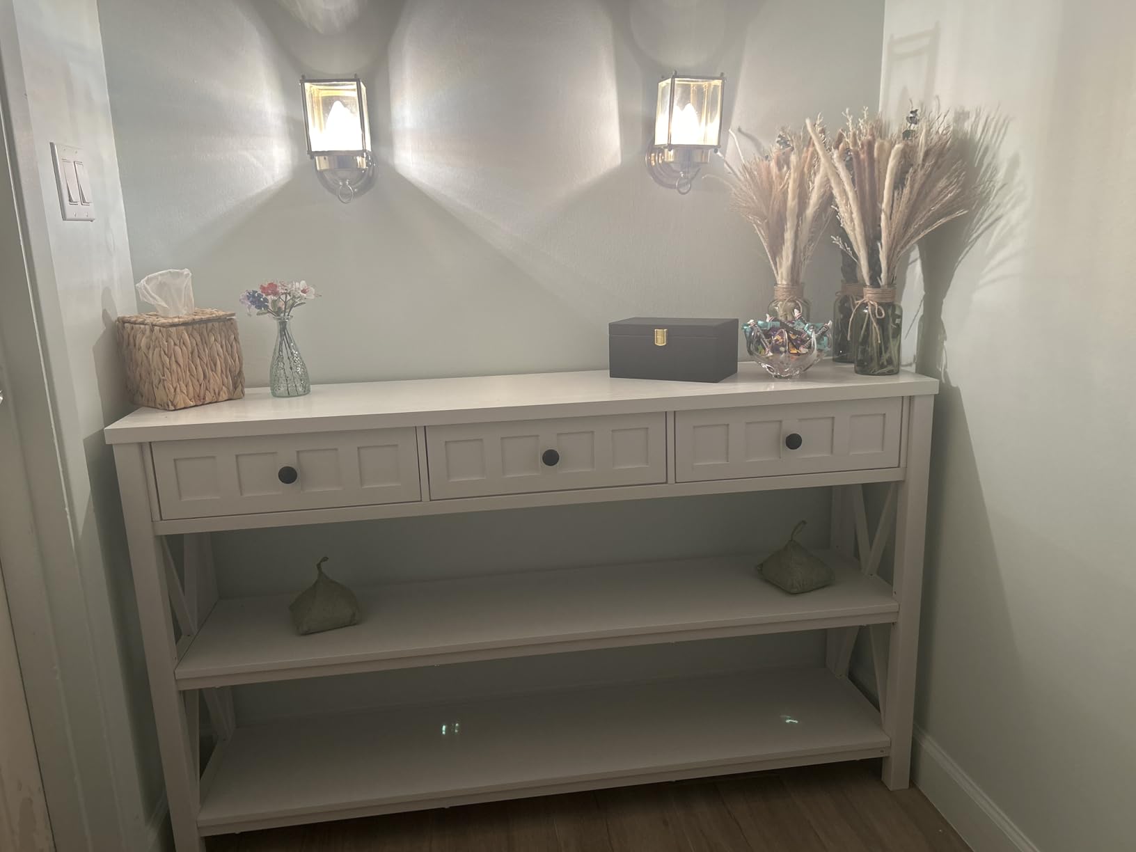 FATORRI Console Table for Entryway, Wood and Metal Sofa Table with 3 Drawers for Living Room, Farmhouse Hallway Tables and Modern Couch Tables Behind Sofa, 54.72 Inch Long, White Oak customer photo 2