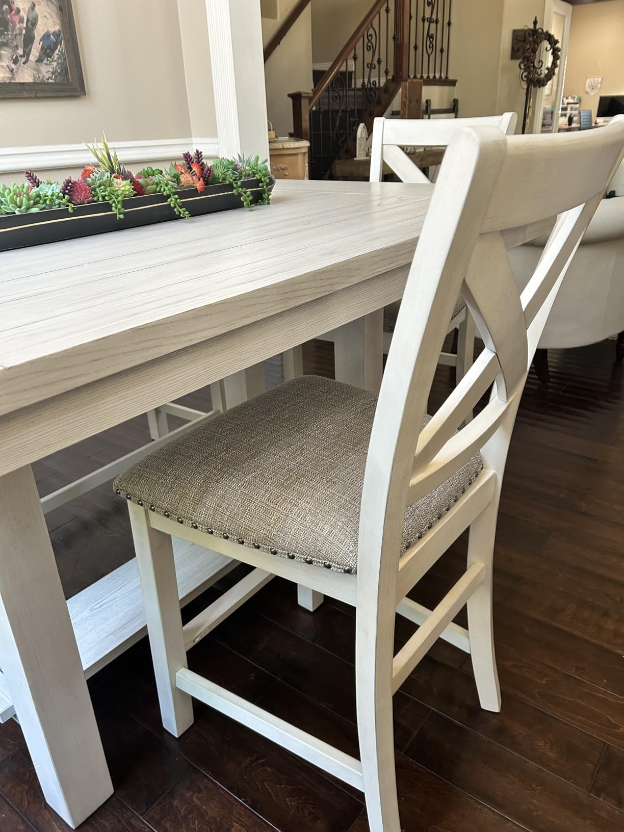 Signature Design by Ashley Robbinsdale Farmhouse Upholstered Barstool, Set of 2, 'X-Back', Nailhead Trim, Wood, 24.75' H, White & Light Gray customer photo 1
