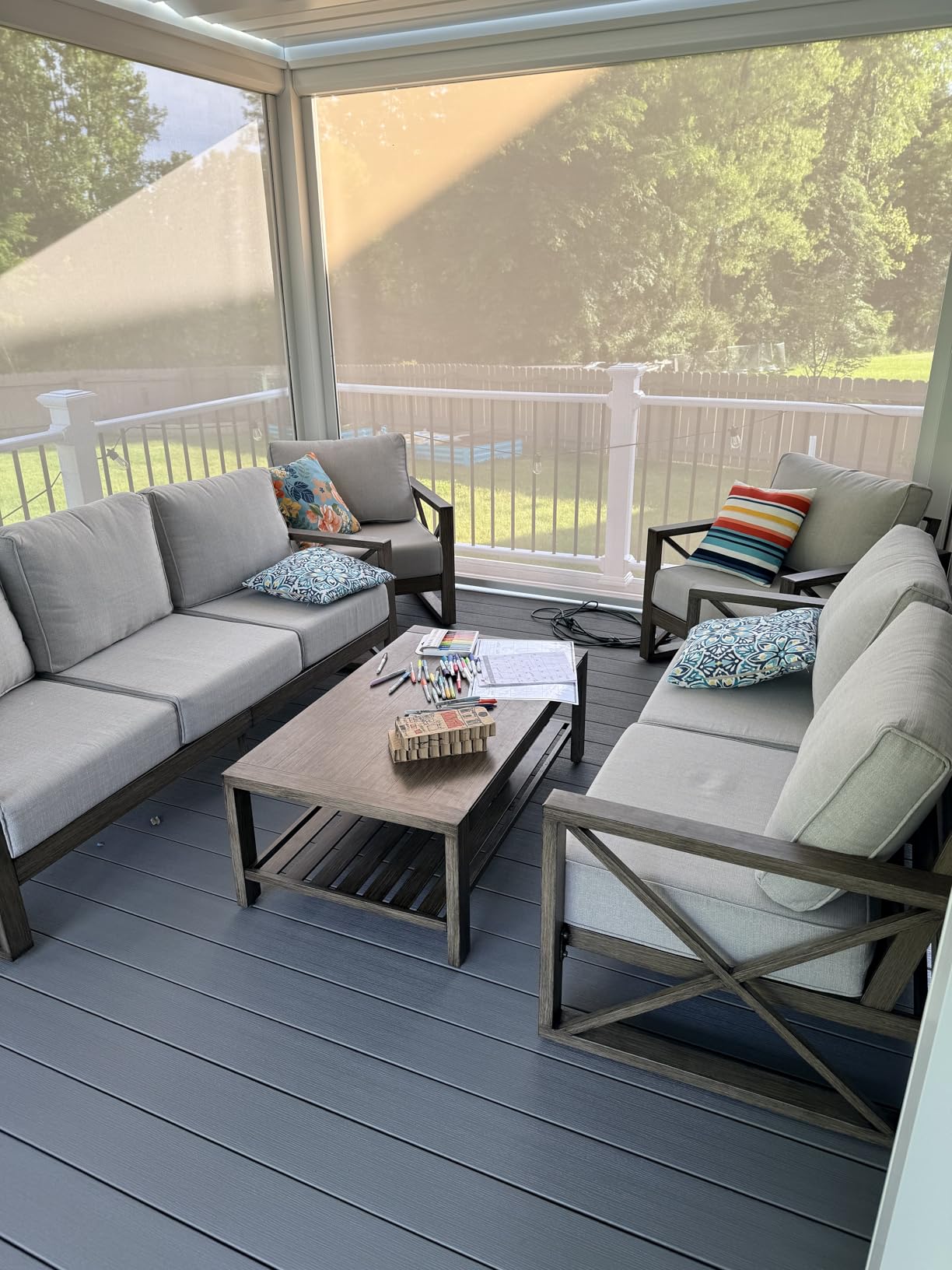 Amopatio Aluminum Patio Furniture Set, 8 Pieces Modern Metal Outdoor Furniture, Faux Wood Grain Finish Frame Patio Sofa Sets with 6