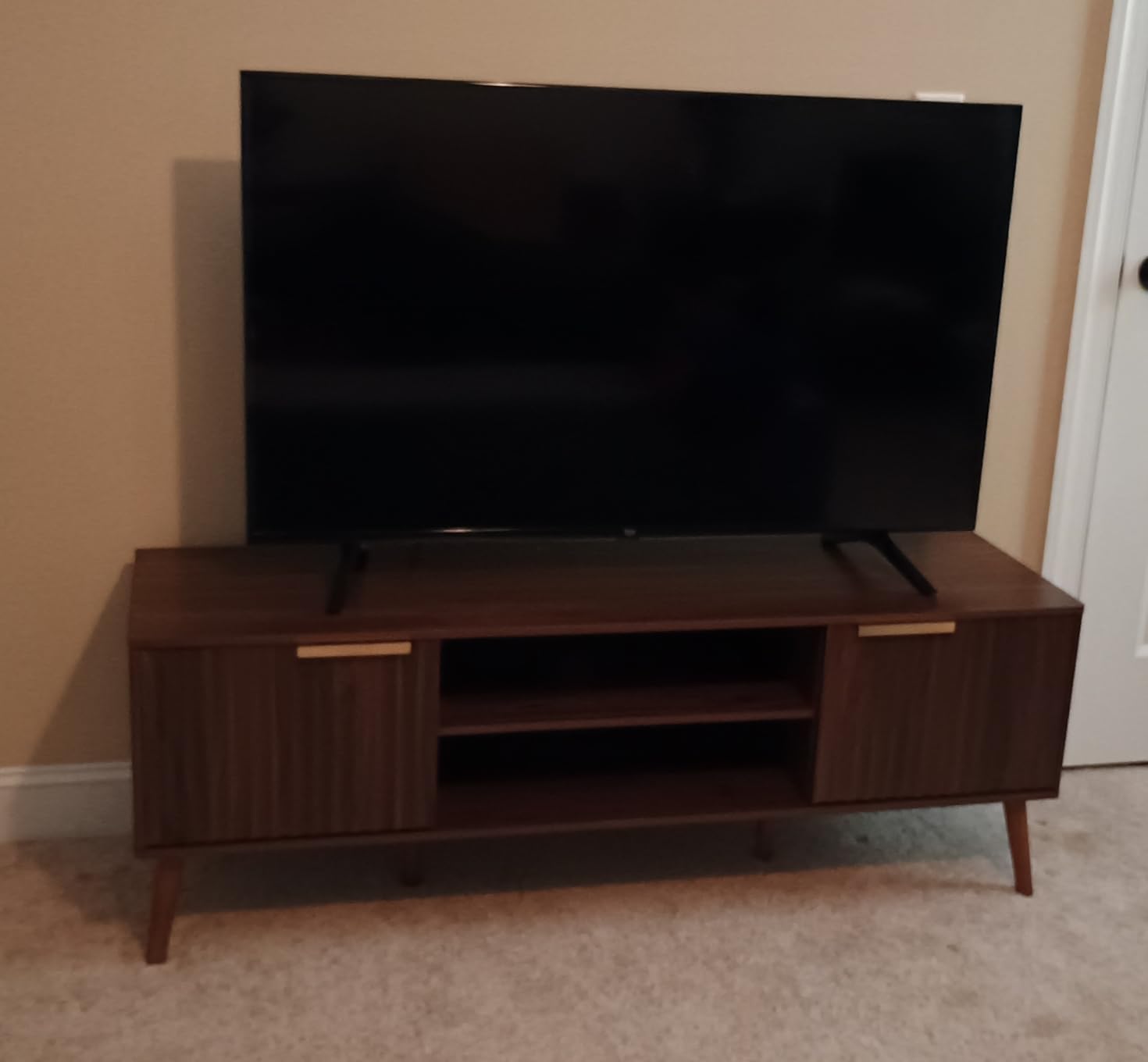 LCRBOL TV Stand for Living Room, Mid Century Modern Entertainment Center for 55/60 inch TVs, TV Console with Fluted Door Cabinets and Open Shelves, for Bedroom, Walnut customer photo 2