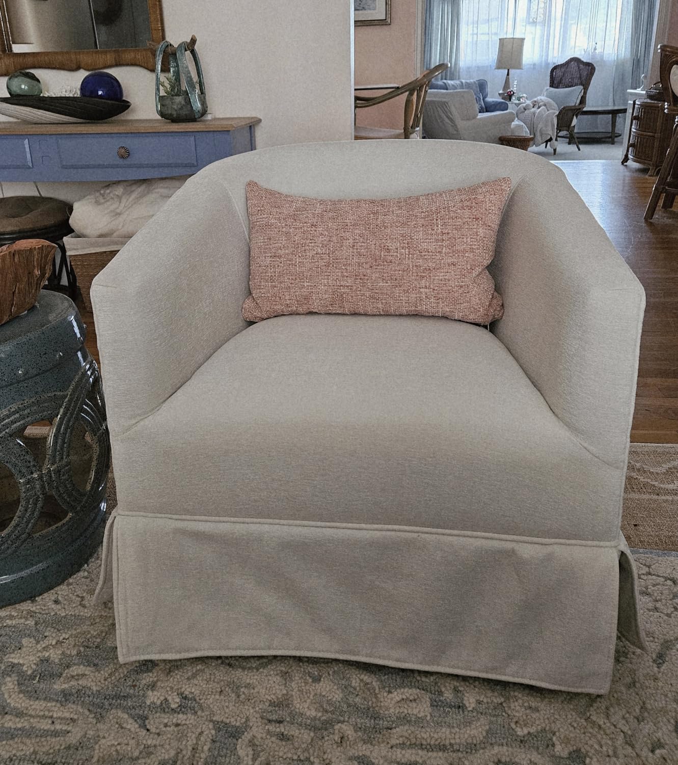 Swivel Accent Chair for Living Room, 360° Upholstered Barrel Swivel Chair with Skirted Base, Modern Linen Armchair for Bedroom, Reading Nook, Small Space Chair, Brown customer photo 2