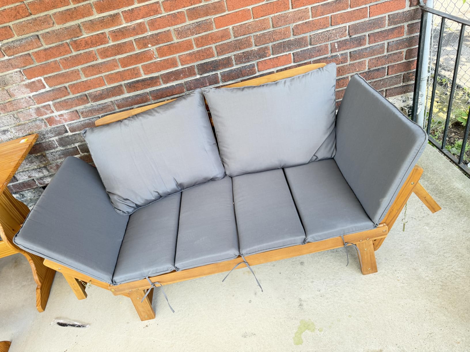 Devoko Outdoor Couch Acacia Wood Patio Couch with Adjustable Armrests, Outdoor Convertible Sofa with Removable Cushions & Pillows for Patio, Porch, Poolside (White) customer photo 1