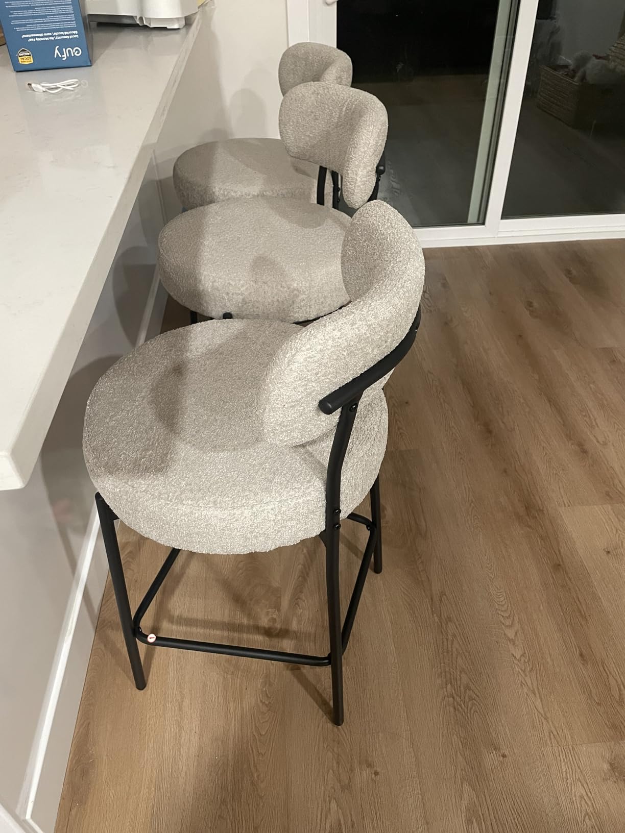 DYHOME Bar Stools Set of 3, Modern Counter Height Bar Stools with Curved Back Metal Legs, 24 Inch Beige Upholstered Boucle Barstools for Kitchen Island, Cafe Chair customer photo 1