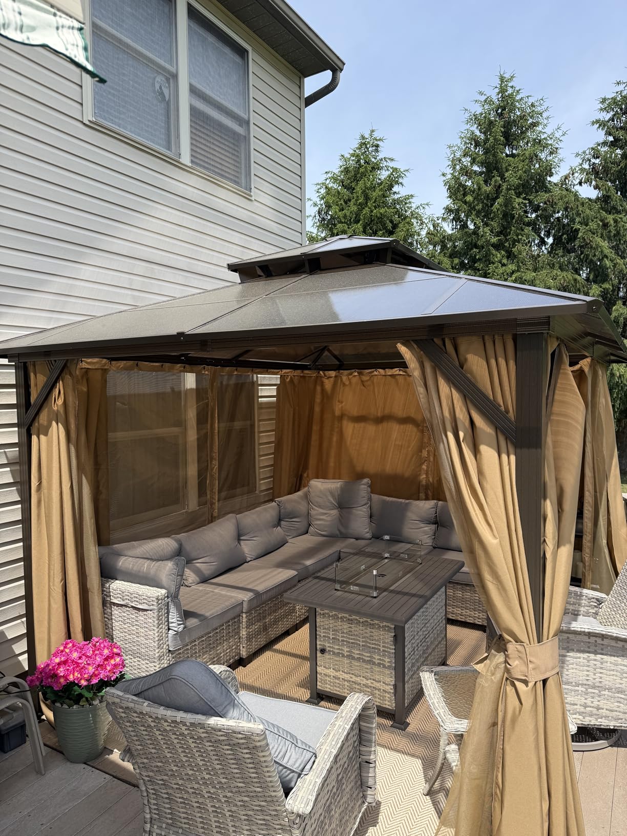 Aoxun 12'x10' Hardtop Gazebo, Aluminum Frame Permanent Pavilion with Curtains and Netting, Outdoor Polycarbonate Double Roof Canopy, Designed for Garden, Lawns, Patio, Brown customer photo 2