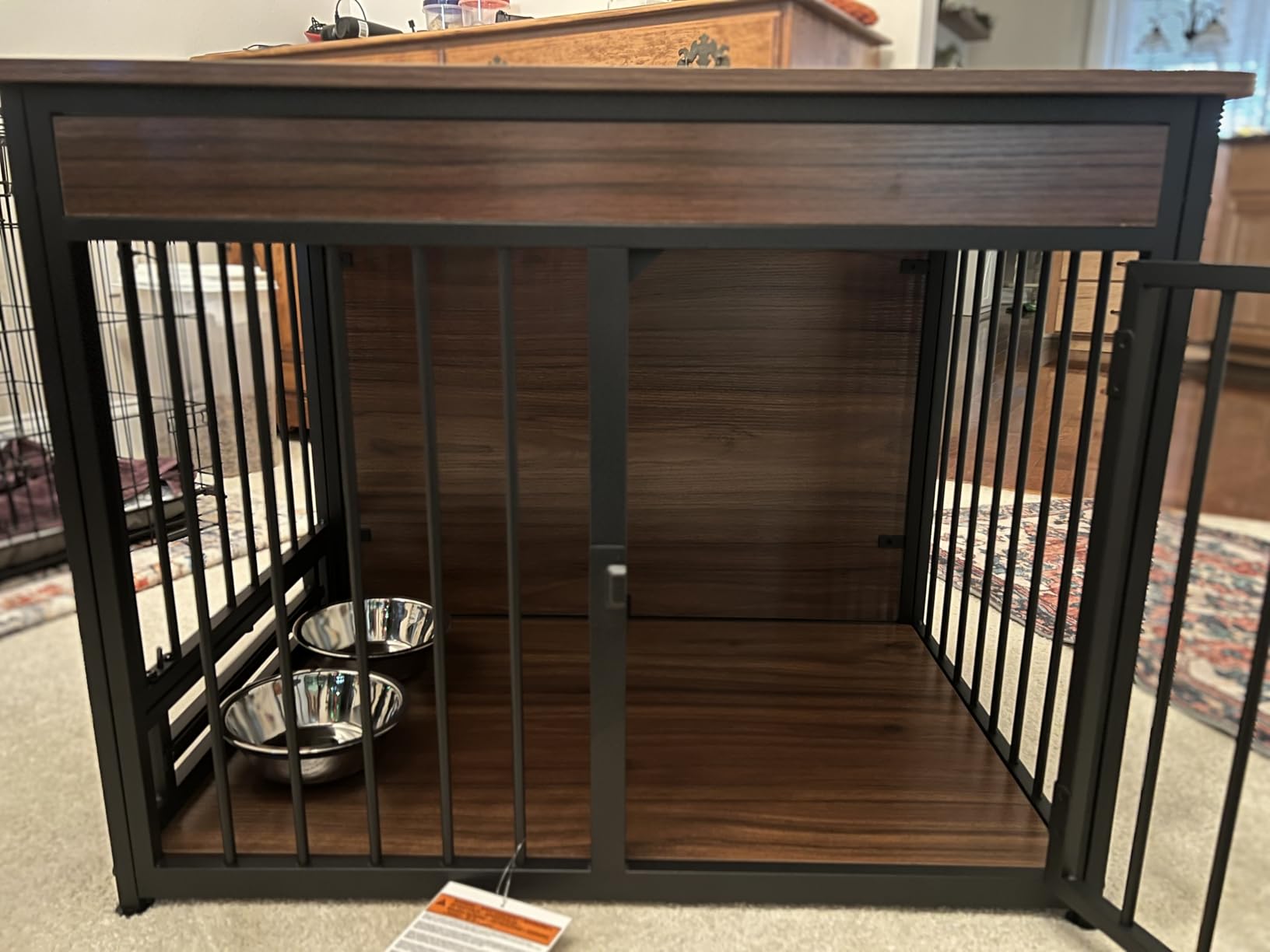 Amazon Basics Furniture Style Dog Crate, Sturdy Wooden Pet Kennel, End Table with Space for Pet, Two Bowls Included, 30
