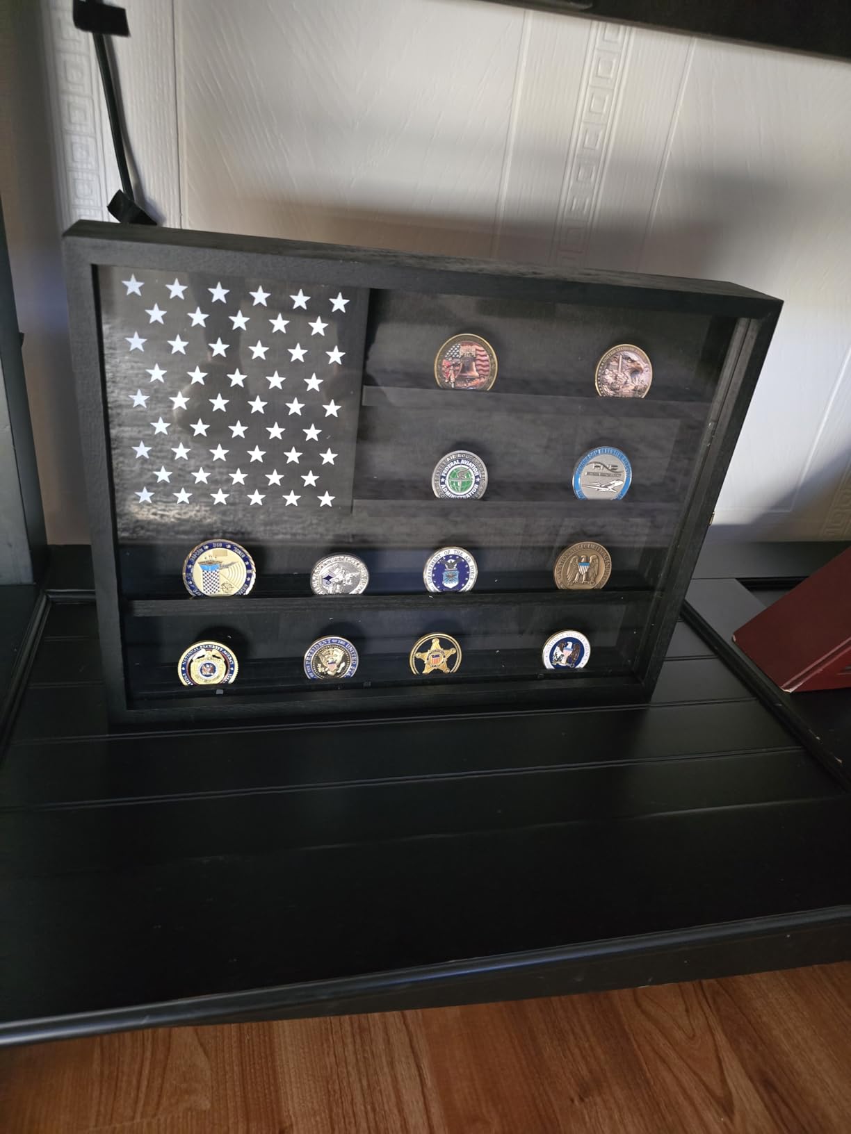 Military Challenge Coin Display Case 16 x 12 in, Wooden American Flag Shadow Box with Anti-Dust UHD Acrylic Door, Gold-Anti-theft Lock & Wall Mount, Gift for Collectors (Black Large) customer photo 2