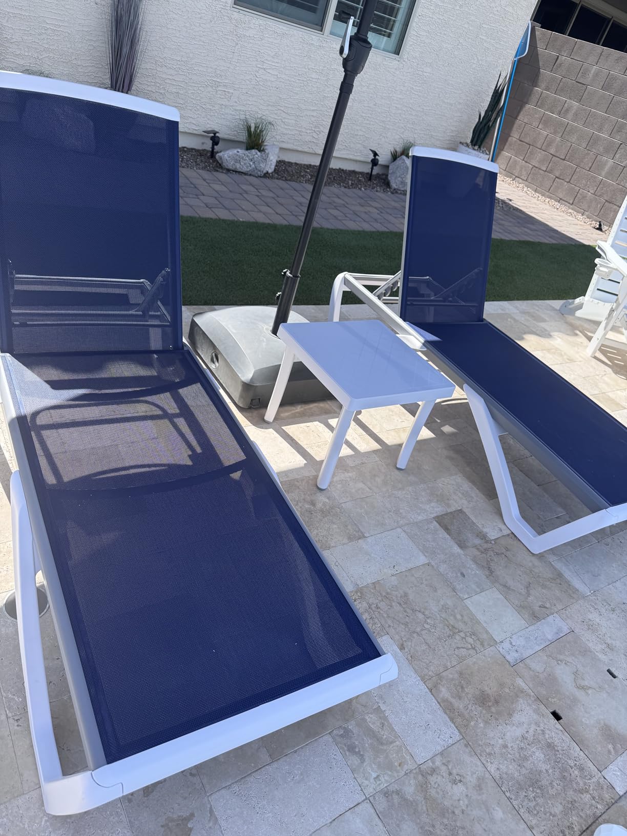Kozyard 3-Piece Outdoor Chaise Lounge Chair Set, Fully Flat Adjustable Patio Lounger with Aluminum Frame & Resin Legs, Textilene Fabric for Poolside, Backyard & Beach (Navy Blue, 2 Chairs + Table) customer photo 1