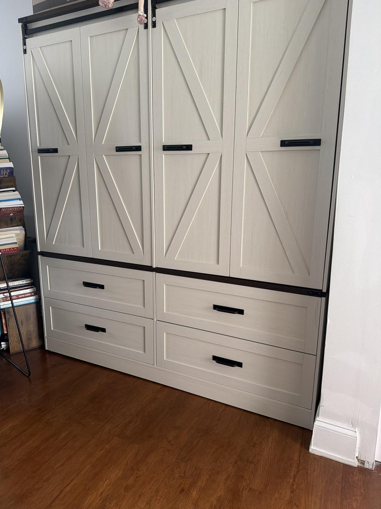 Farmhouse 3 Doors Armoire Wardrobe Closet with Folding Sliding Barn Door and Lights, LED Armoire Closet with Drawers for Bedroom, Freestanding Wooden Wardrobe Storage Closets with Hanging Rod, Rustic Brown customer photo 1
