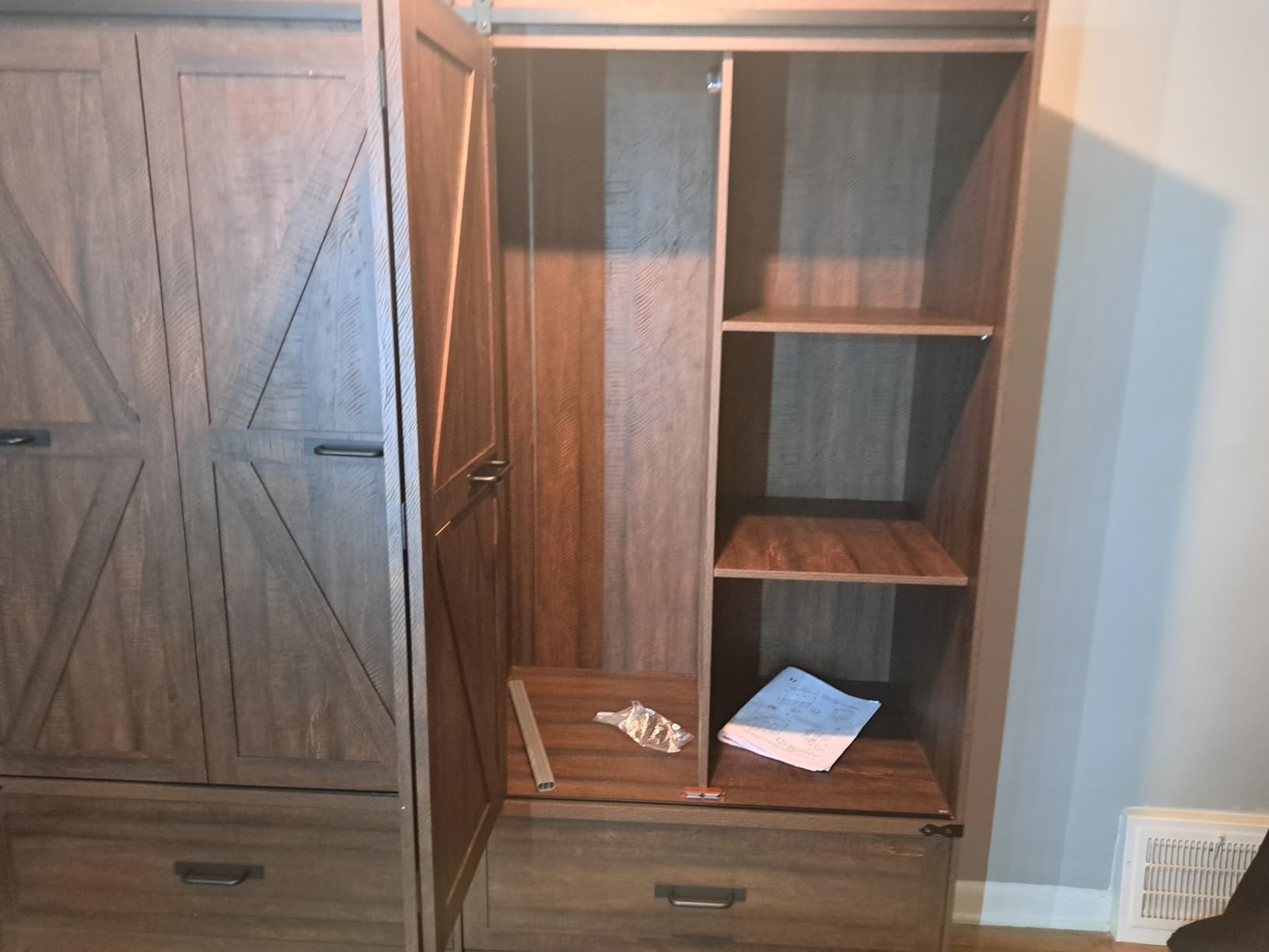 Farmhouse 3 Doors Armoire Wardrobe Closet w/Folding Sliding Barn Door and Lights, LED Armoire Closet w/Drawers for Bedroom, Freestanding Wooden Wardrobe Storage Closets w/Hanging Rod, Rustic Brown customer photo 2