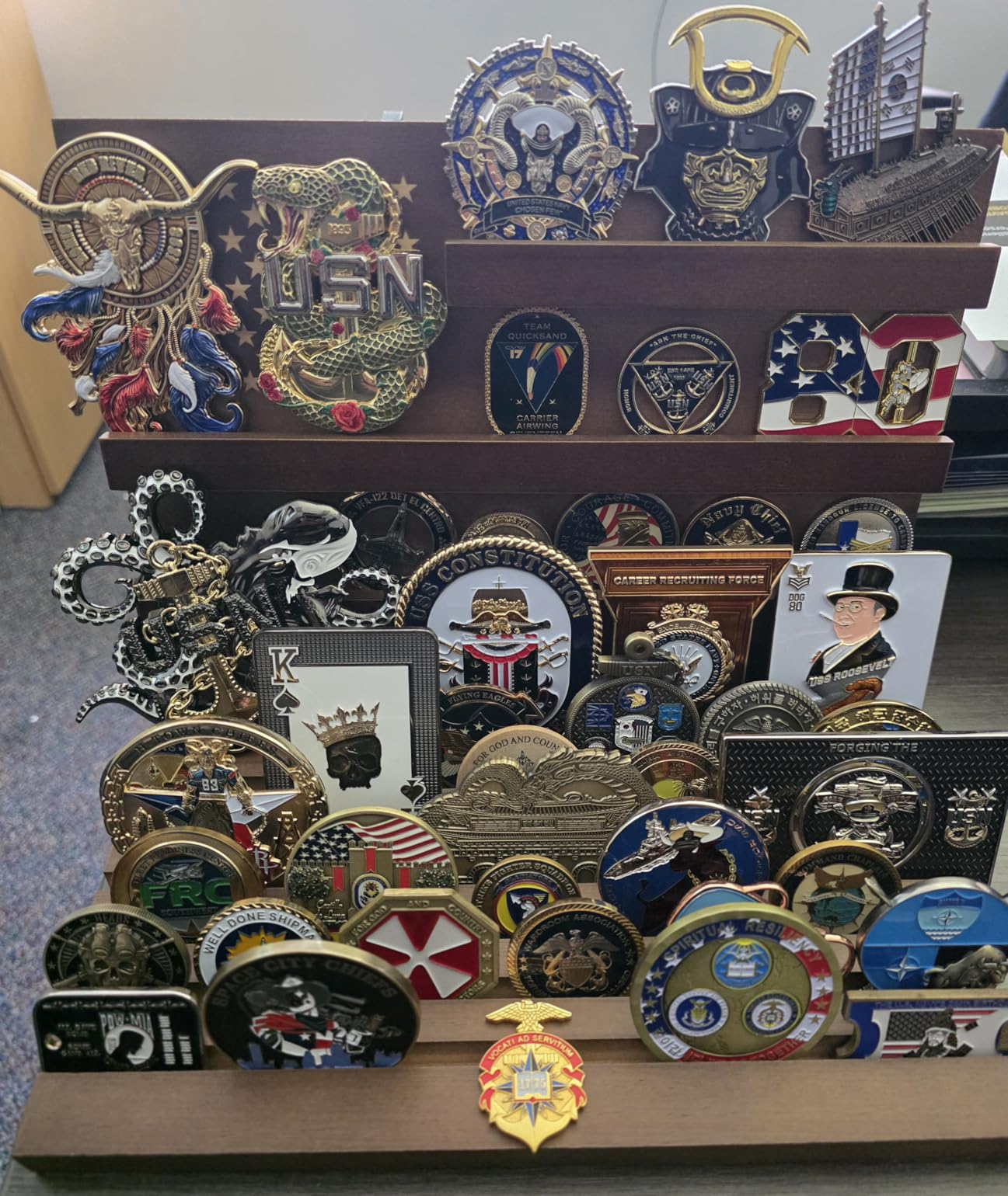 Challenge Coin Display, Slotted Stands Military Coin Holder Display Rack Solid Wood for Army Coin Collection Desk Tabletop Decorative Stands, Large Capacity of 80 Coins 8 Raw (Walnut) customer photo 2
