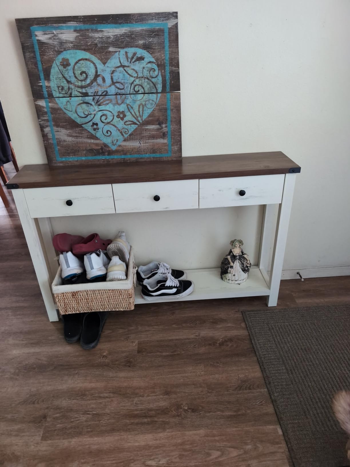 VASAGLE LIRY Collection - Console Sofa Table, Narrow Entryway Table with 3 Drawers, Open Storage Shelf, Metal Corners, Farmhouse Style, Honey Brown customer photo 1