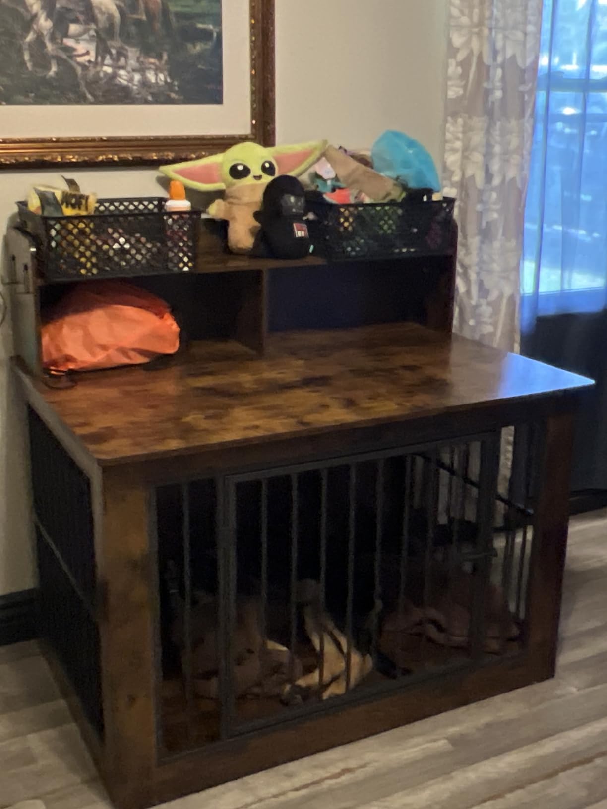 IRONCK Extra Large Dog Crate Furniture, 43.3 inches Wooden Dog Crate with Storage and 4 Hooks, Heavy Duty Pet Crate for Large Dog, Decorative Pet Cage for Indoor (30